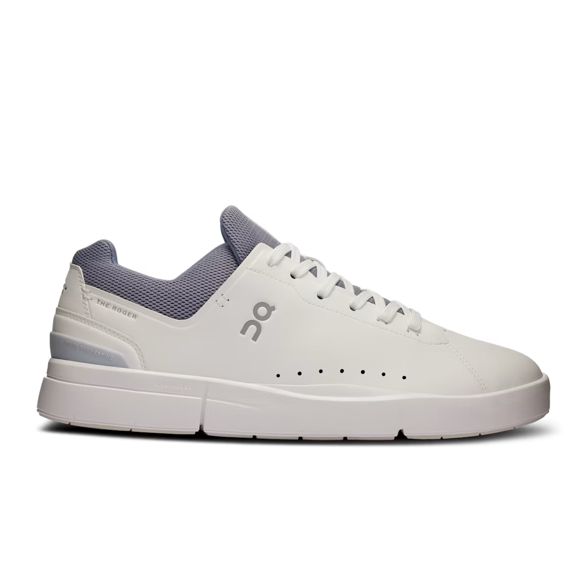 Side view on white background of Mens On The Roger Advantage 2 running shoe in White/Fossil, Medium (Regular) width