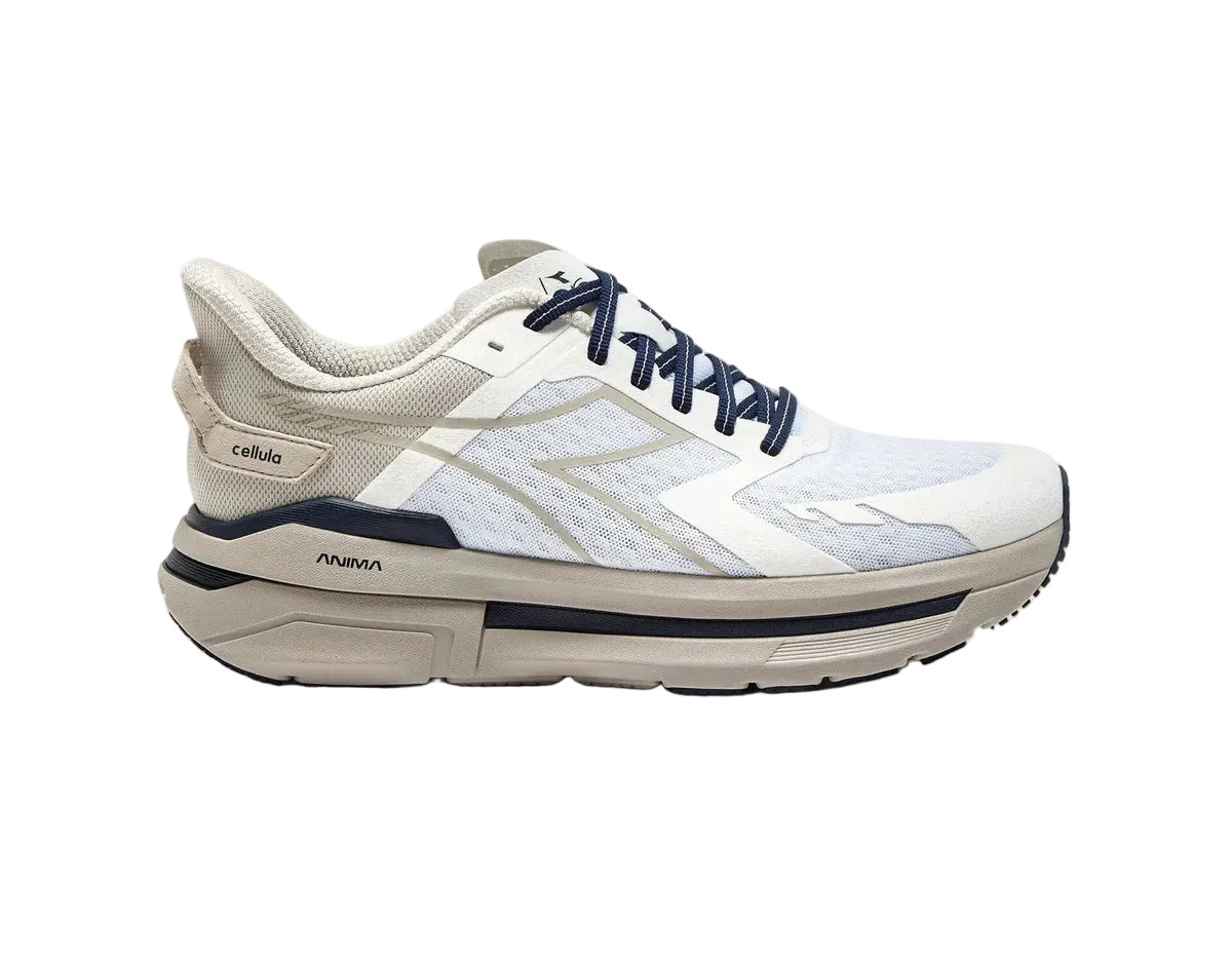 White and beige running shoe with blue accents on a white background
