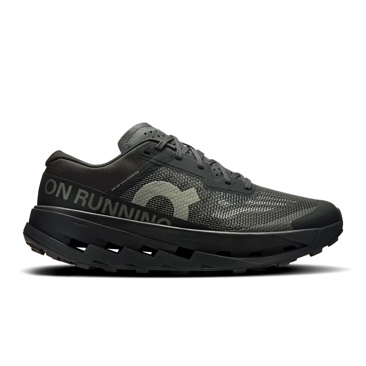 Side view on white background of Womens On Cloudultra 3 running shoe in Black/Black, Medium (Regular) width