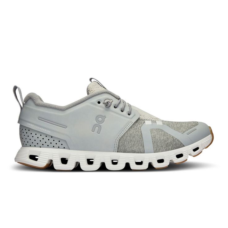 Side view on white background of Womens On Cloud 5 Terry running shoe in Glacier/White, Medium (Regular) width