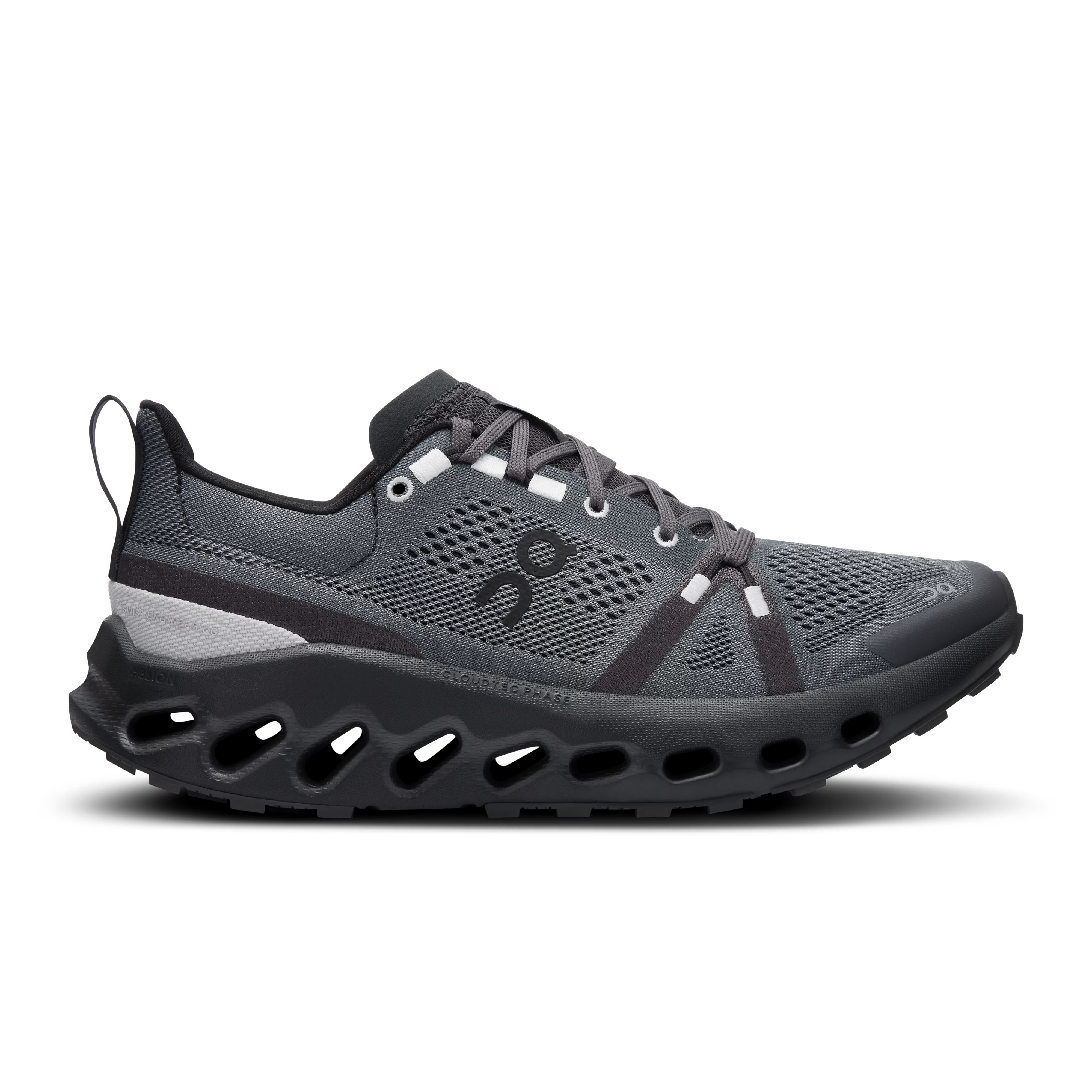 Side view of On Cloudsurfer Trail running shoes in Eclipse/Black