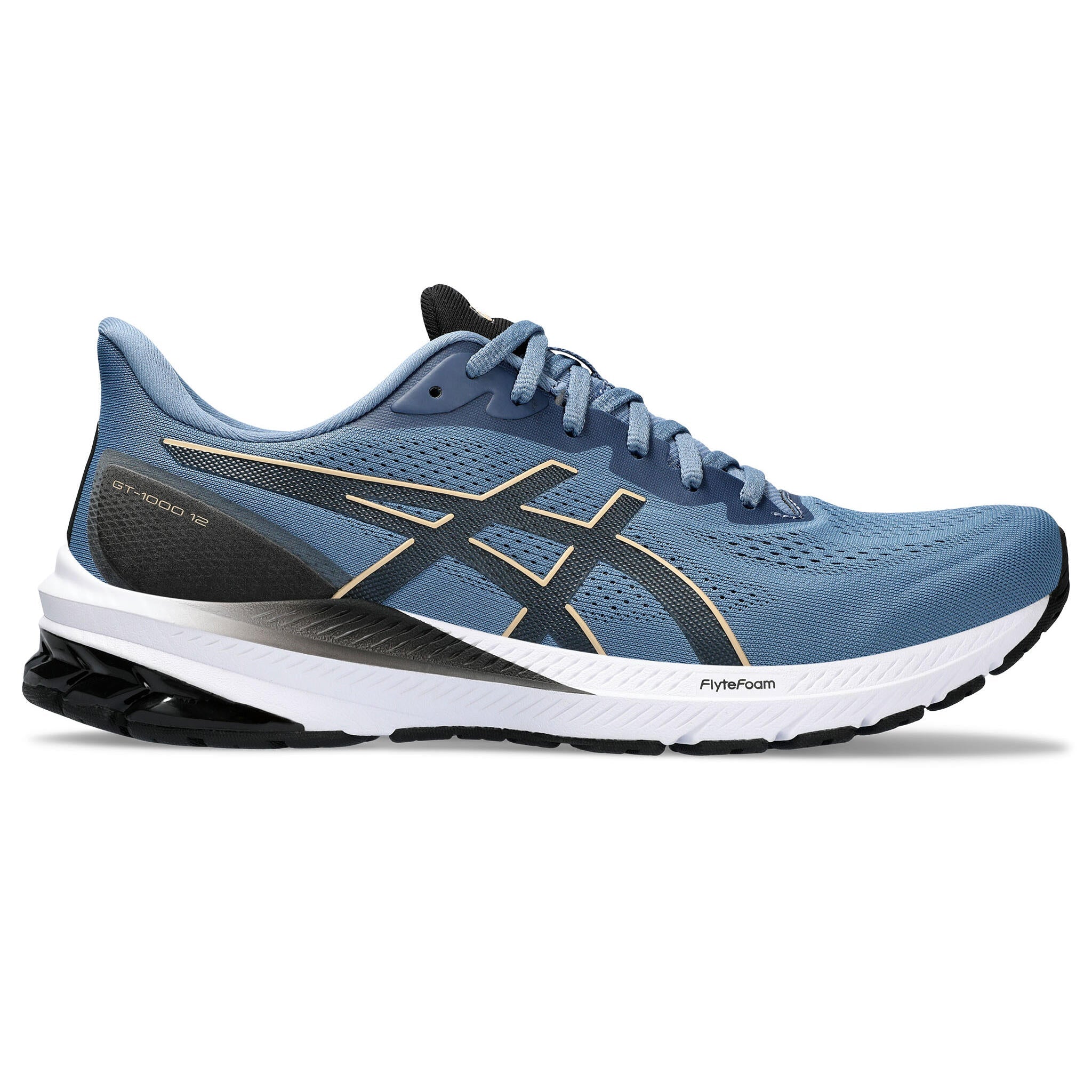 Side view on white background of Mens Asics GT-2000 12 running shoe in Storm Blue/Dune, Medium (Regular) width