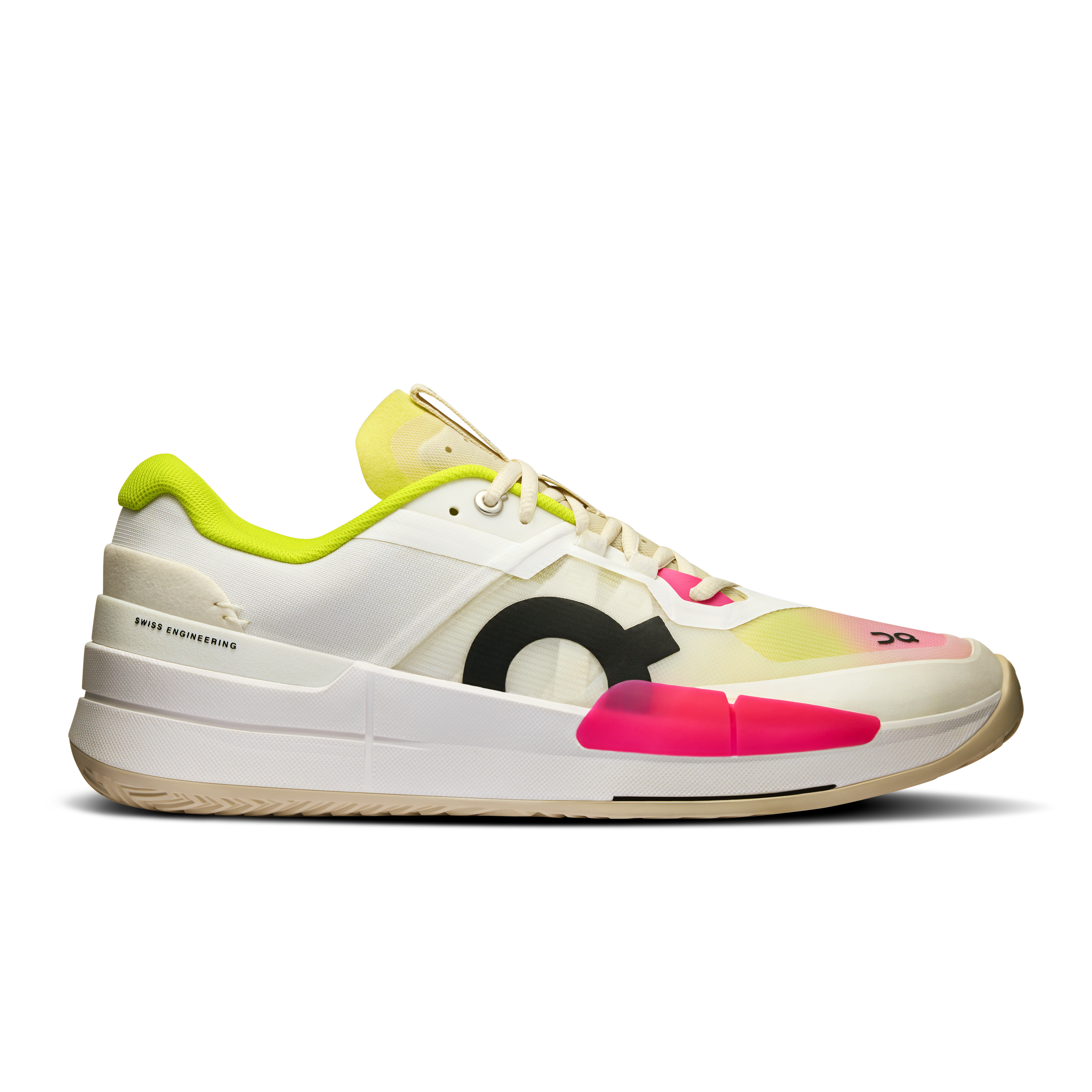 Side view on white background of Mens On The Roger Pro 2 running shoe in White/Lime, Medium (Regular) width