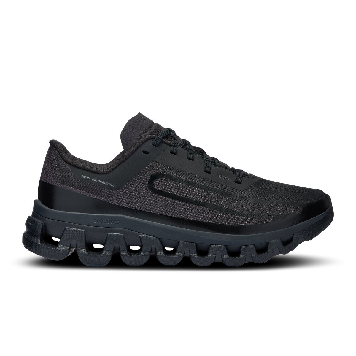 Side view on white background of Mens On Cloudflow 4 IKON running shoe in Magnet/Black, Medium (Regular) width