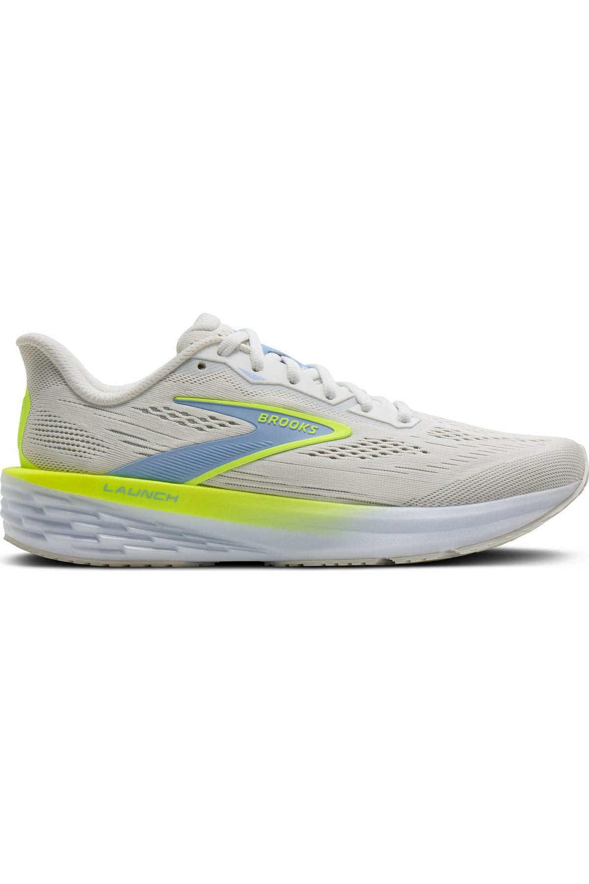 Side view on white background of Womens Brooks Launch 12 running shoe in White/Open Air/Nightlife, Medium (Regular) width