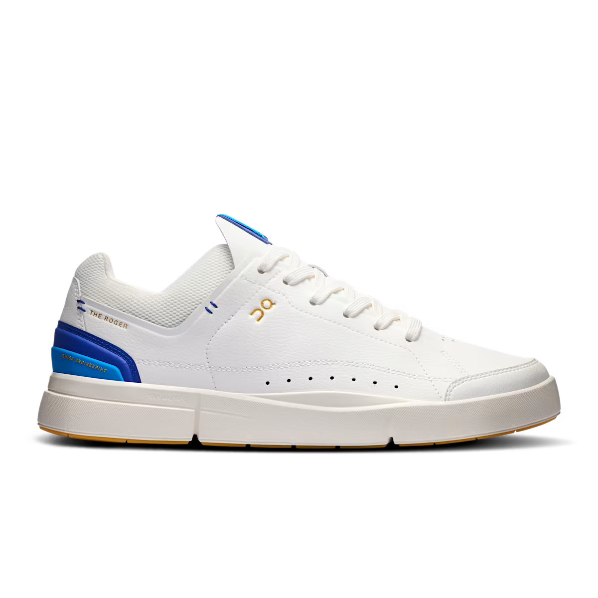 Side view on white background of Mens On The Roger Centre Court 2 running shoe in White/Malibu, Medium (Regular) width