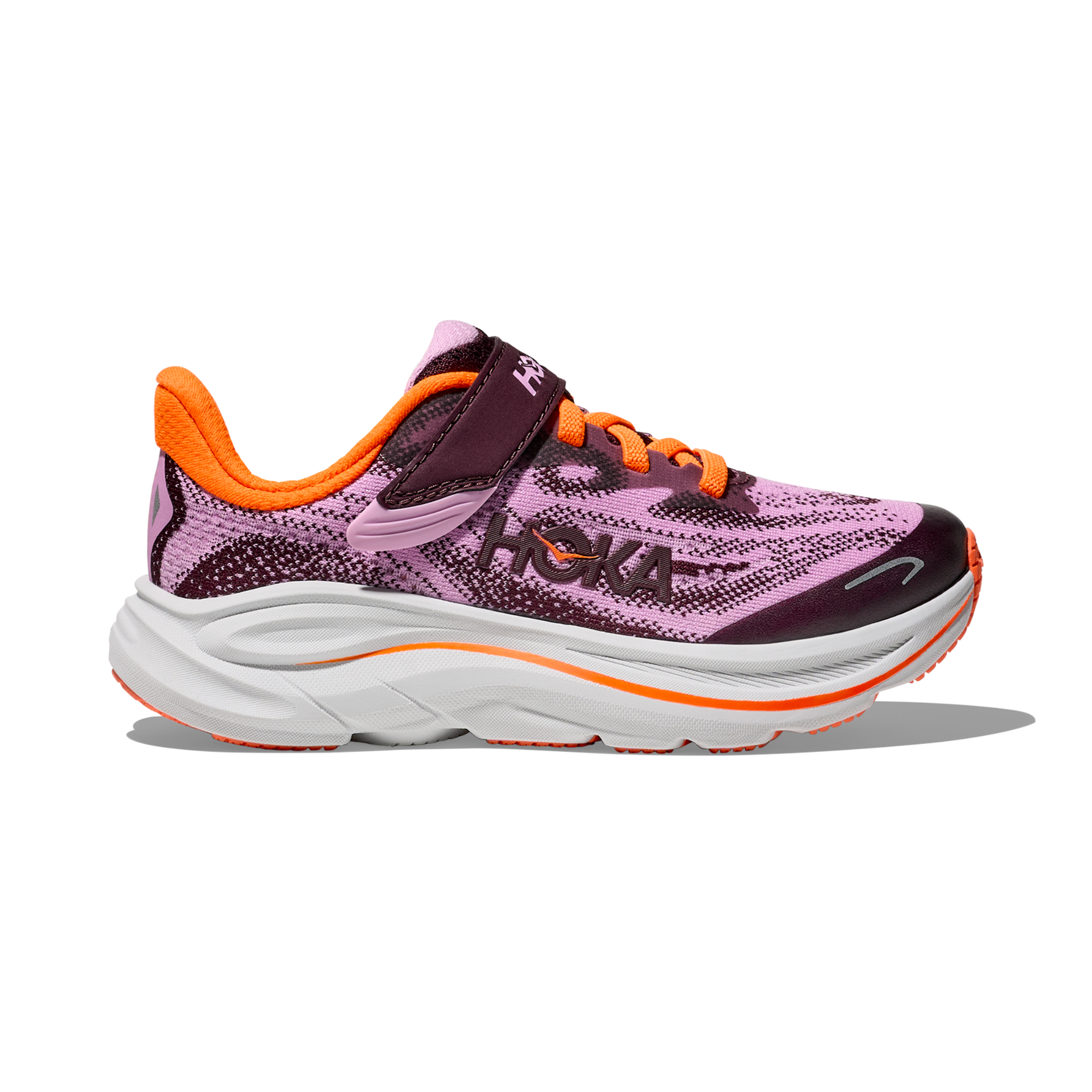 Side view on white background of Youth Hoka Clifton 10 running shoe in Flower Nectar/Cosmic Grey, Medium (Regular) width