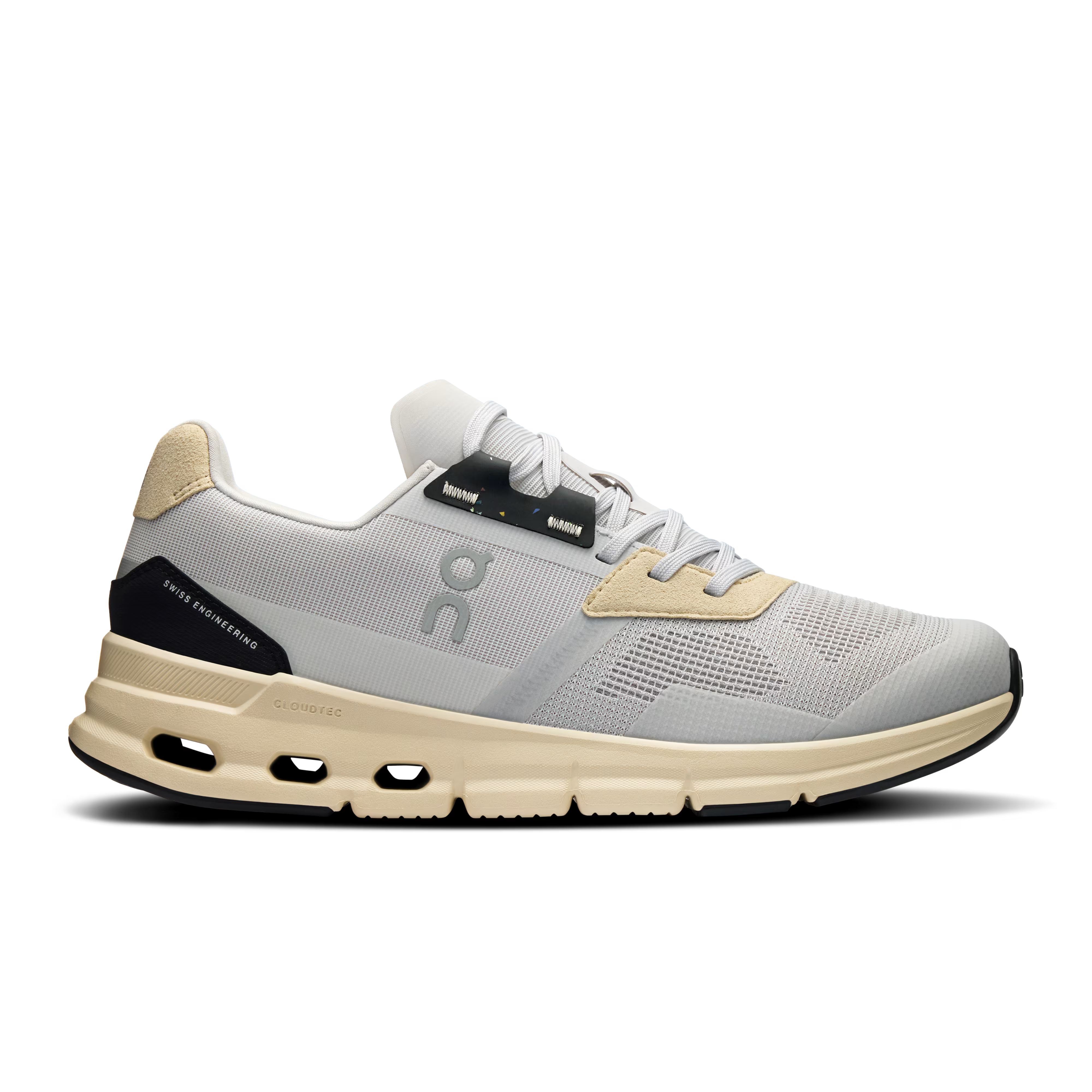 Side view on white background of Womens On Cloudrift running shoe in Wolf/Ice, Medium (Regular) width