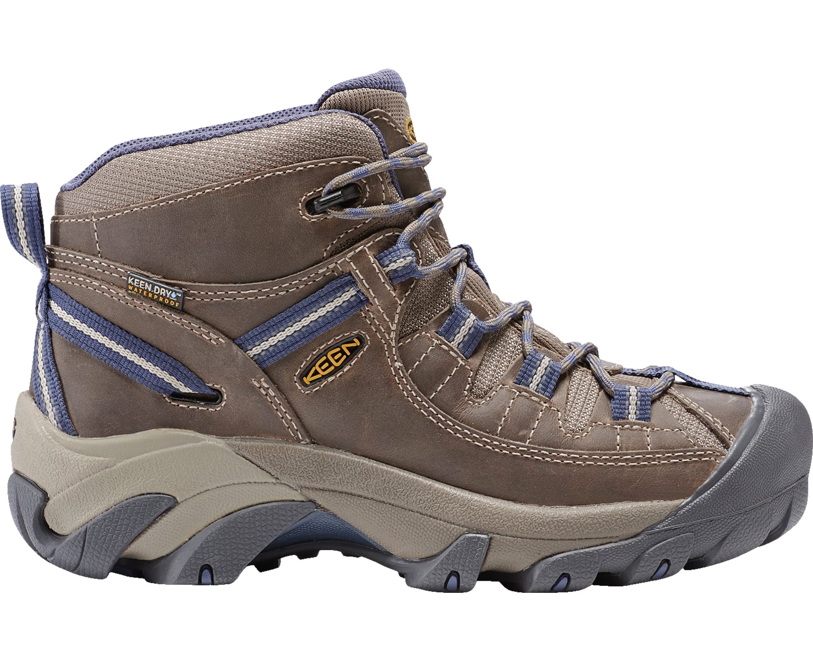 Side view on white background of Womens Keen Targhee III Mid Waterproof running shoe in Goat/Crown Blue, Medium (Regular) width