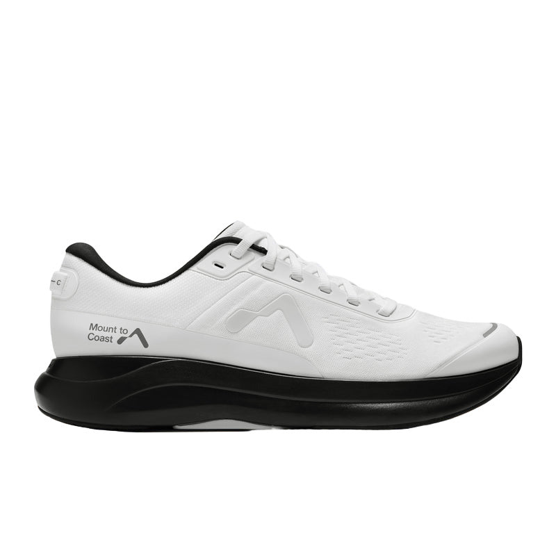 Men's running shoe in white and black color, side profile showing the shoe's sole and upper.