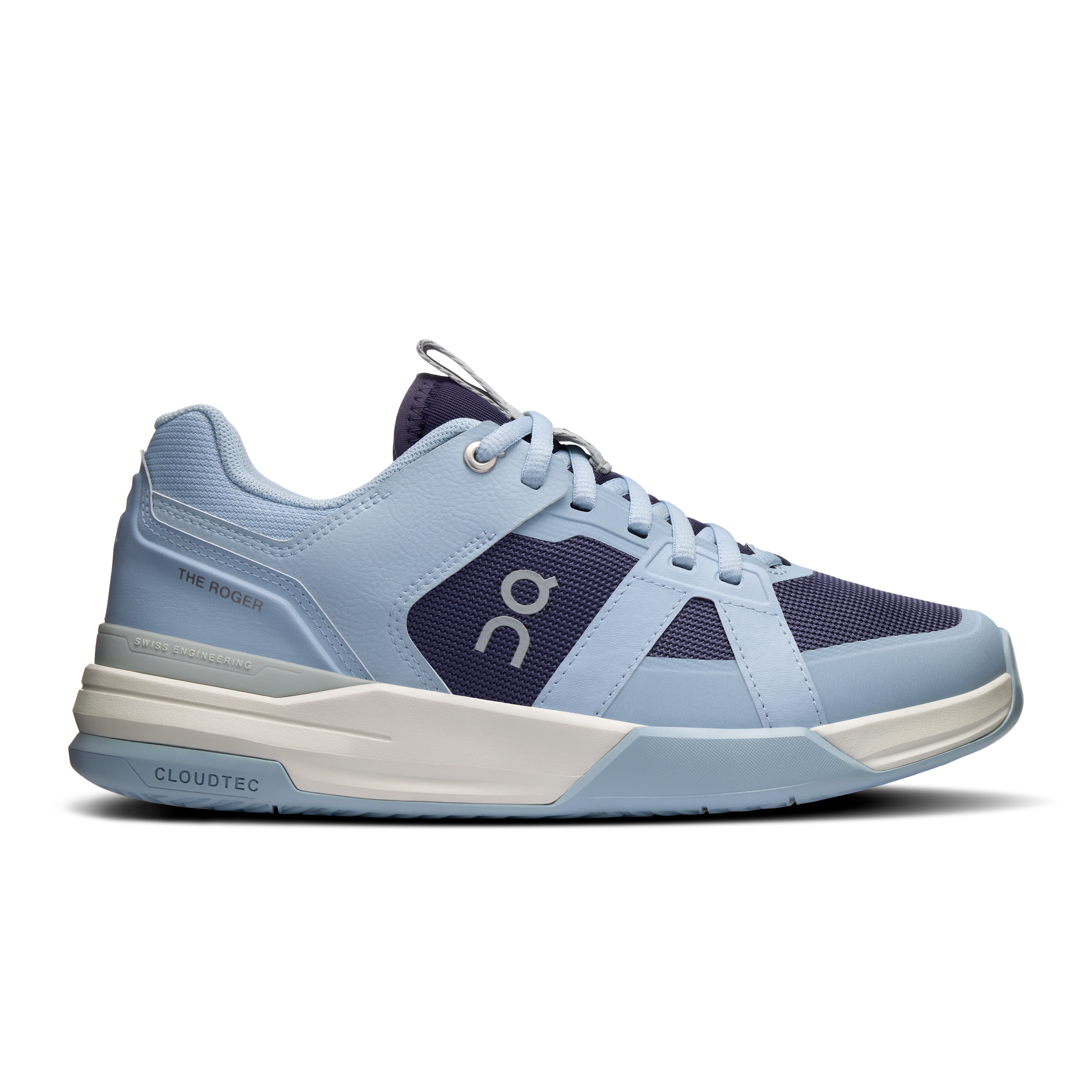 Side view on white background of Womens On The Roger Clubhouse Pro running shoe in Chambray/Midnight, Medium (Regular) width