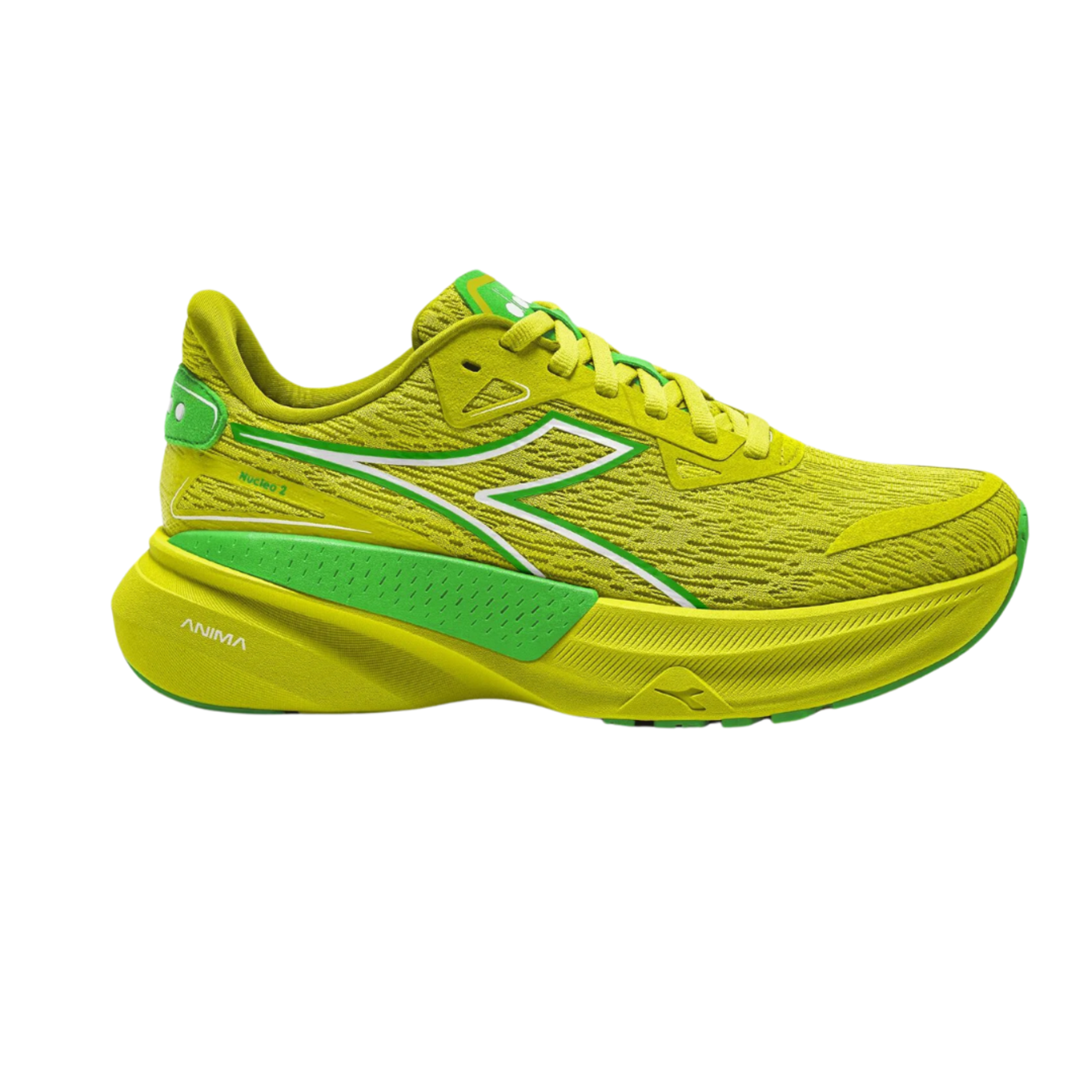 Side view on white background of Mens Diadora Nucleo 2 running shoe in Sulphur Spring/Green Flash, Medium (Regular) width