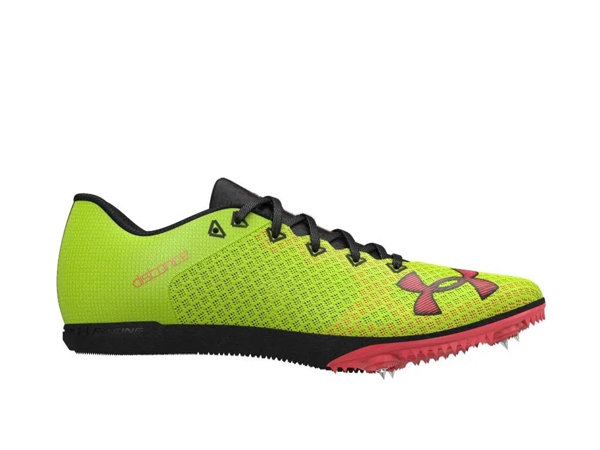 Side view on white background of Mens Under Armour Kick Distance 4 running shoe in Yellow/Black, Medium (Regular) width