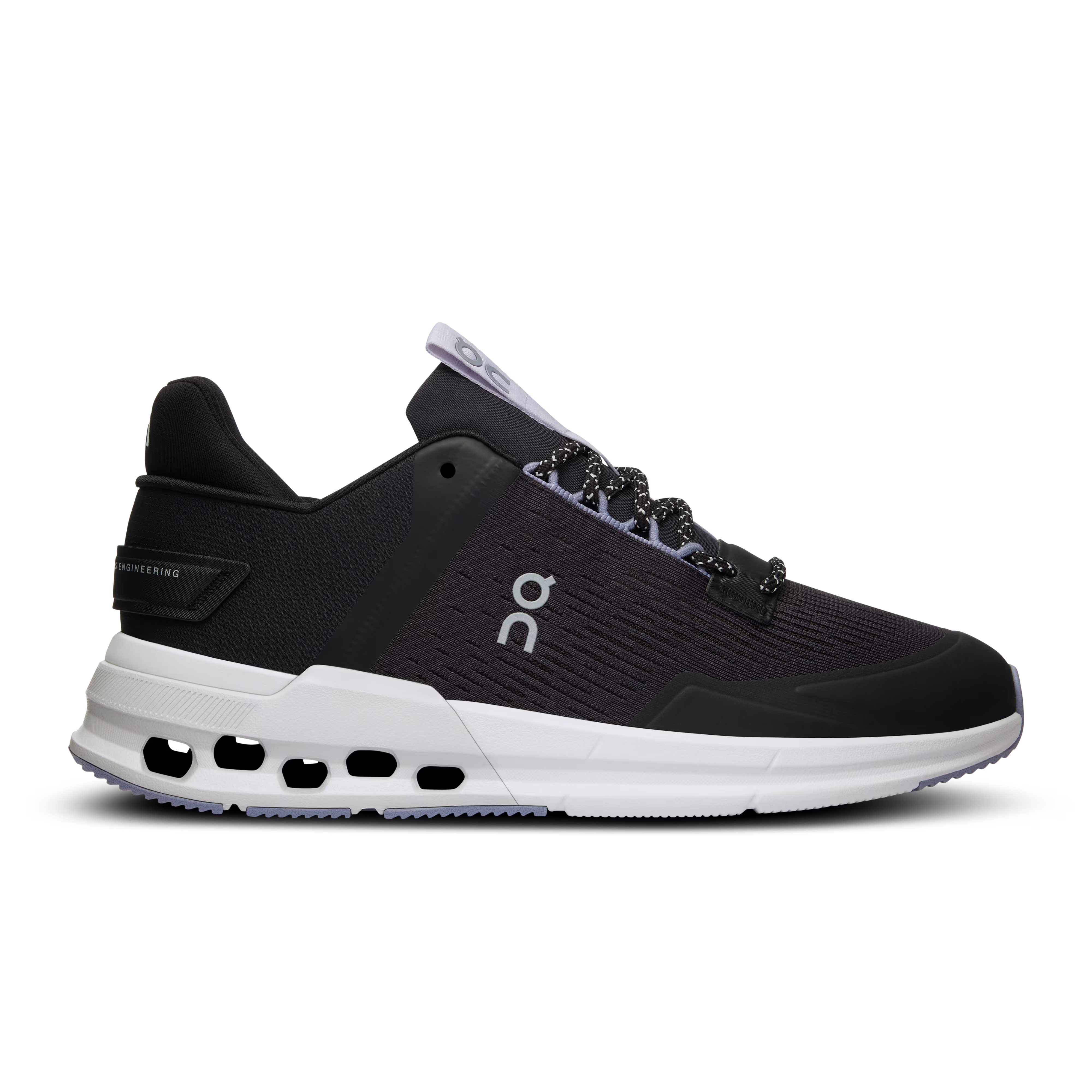 Side view on white background of Womens On Cloudnova Flux running shoe in Black/Feather, Medium (Regular) width