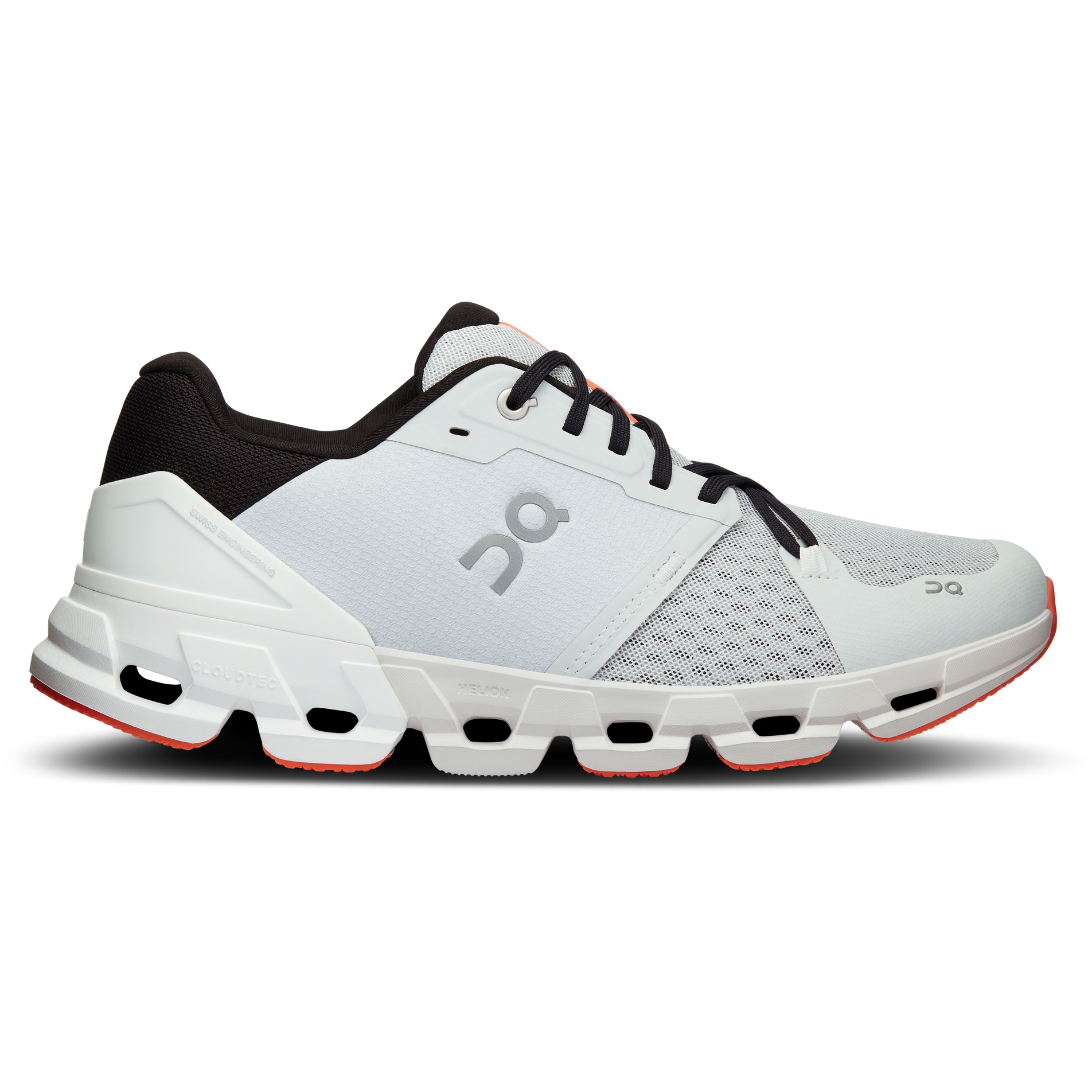 Side view on white background of Mens On Cloudflyer 4 running shoe in Glacier/White, Medium (Regular) width