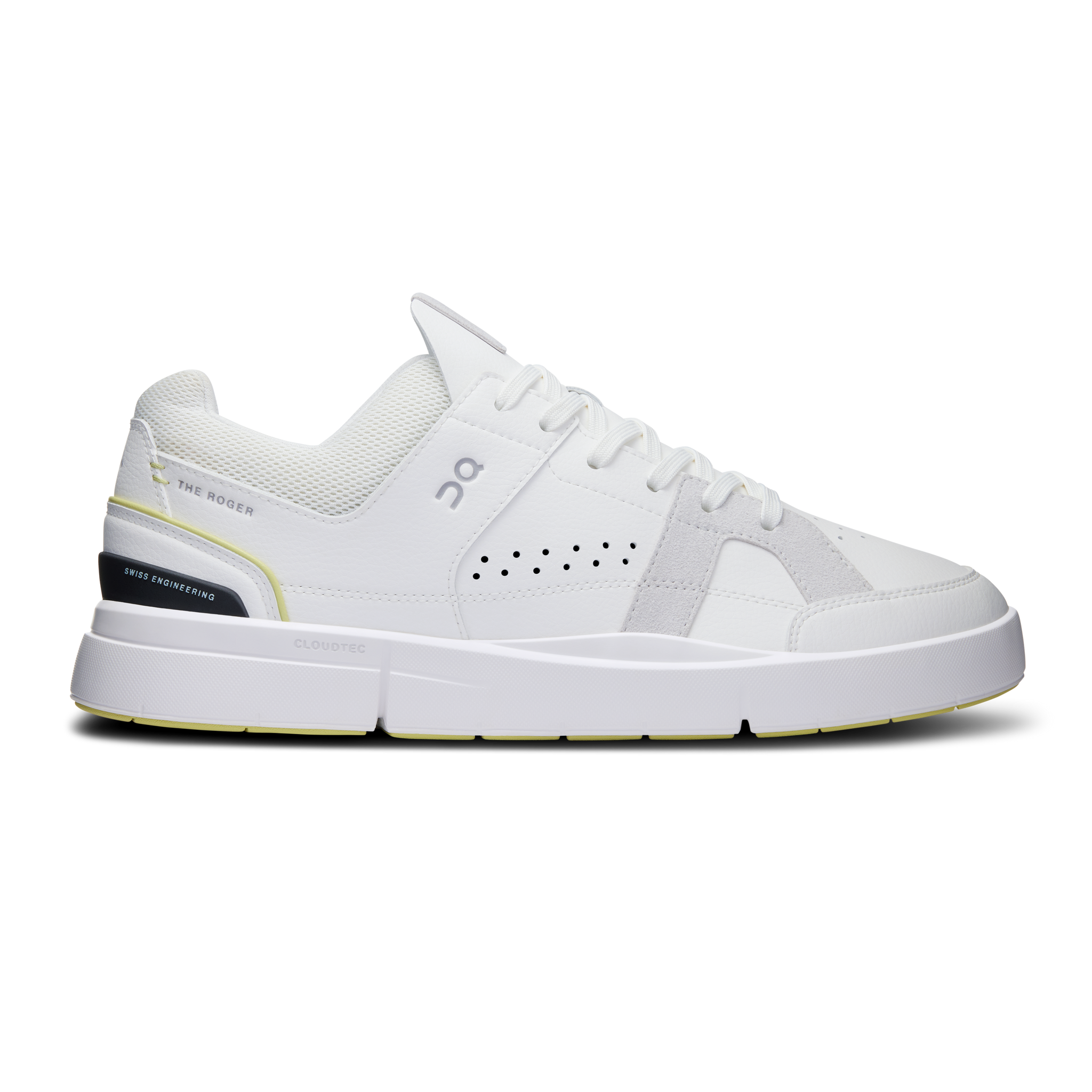 Side view on white background of Mens On The Roger Clubhouse 2 running shoe in White/Acacia, Medium (Regular) width