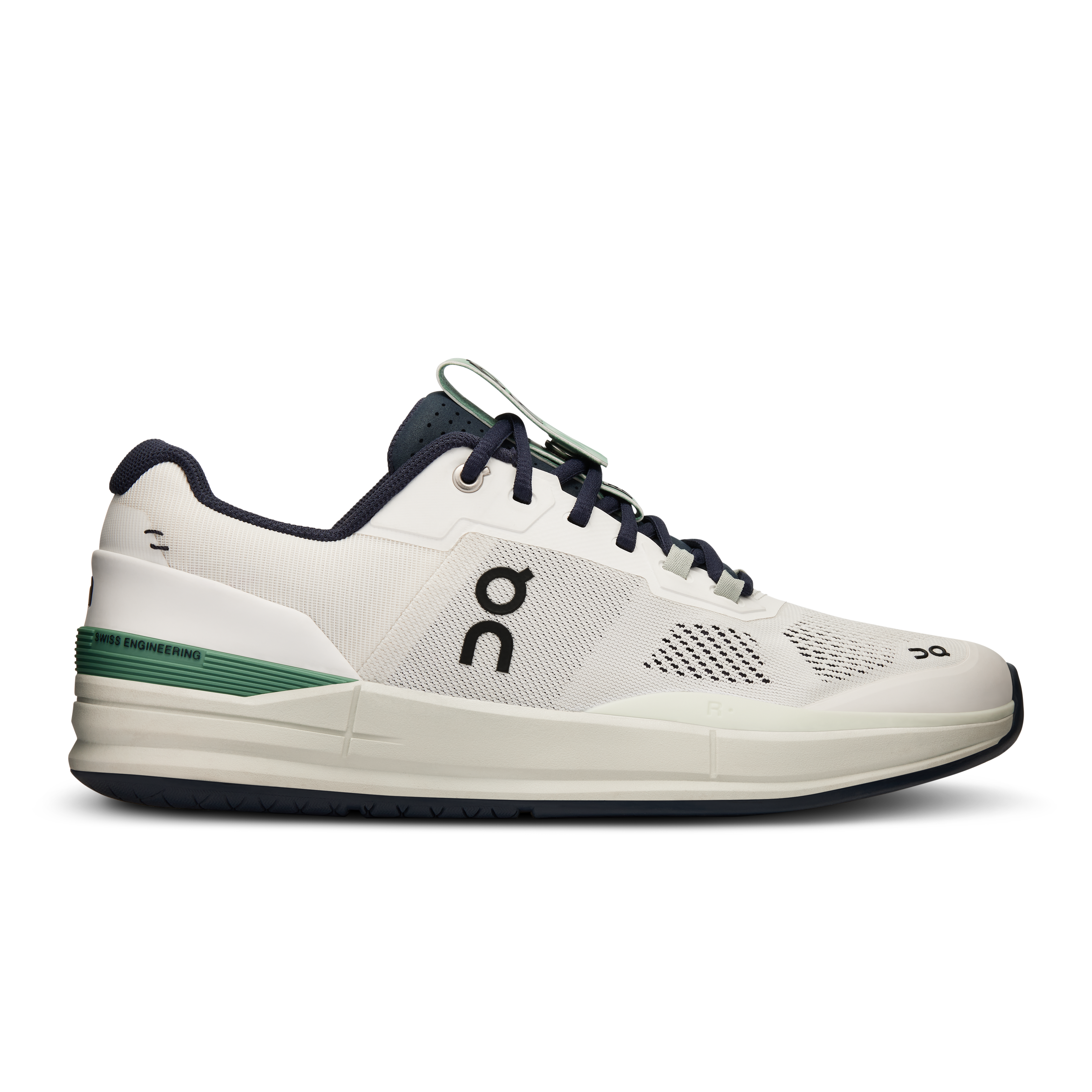 Side view on white background of Mens On The Roger Pro running shoe in Undyed-White/Aloe, Medium (Regular) width