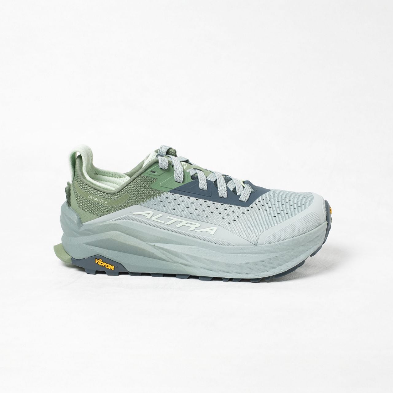Side view on white background of Womens Altra Olympus 6 running shoe in Gray Shadow, Medium (Regular) width