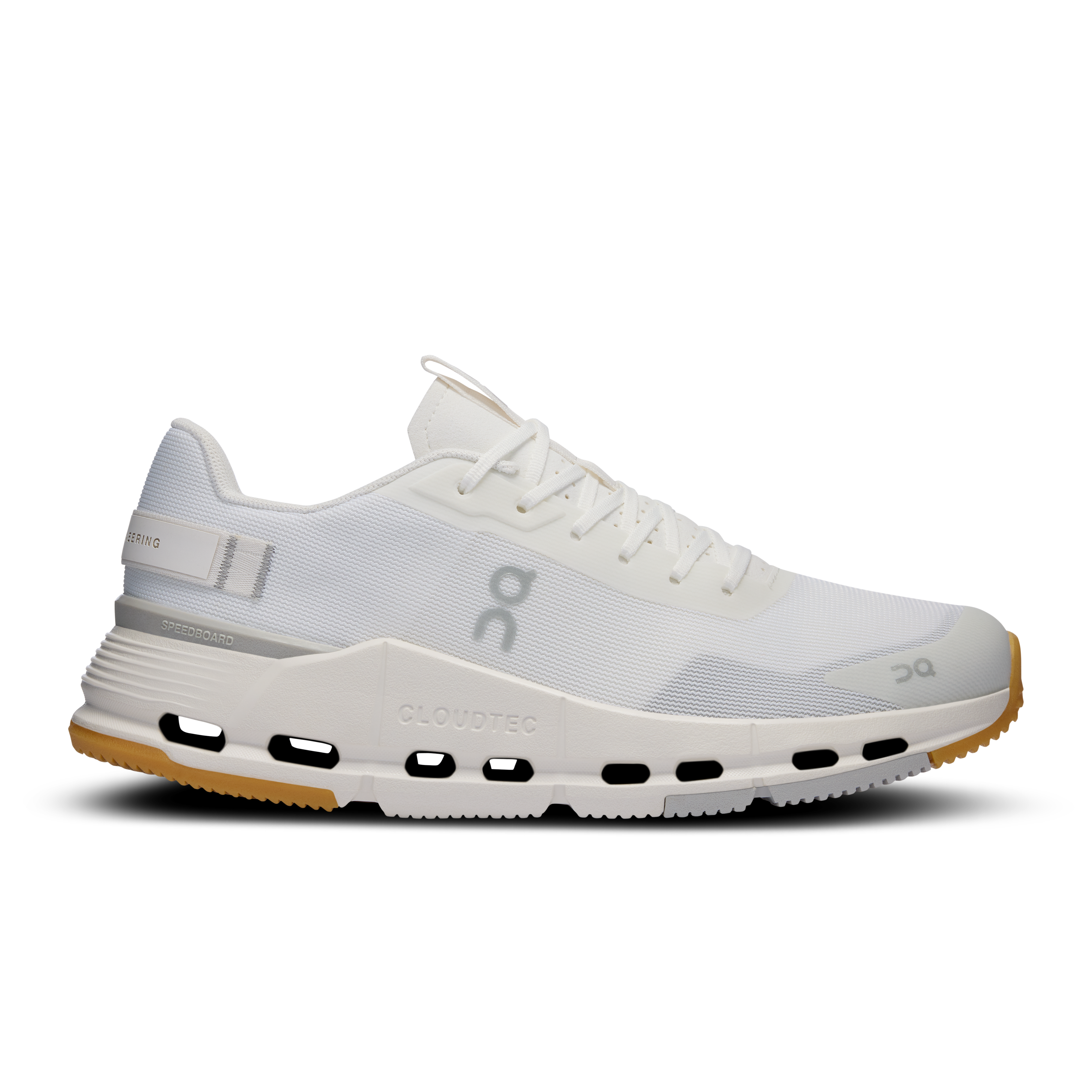 Side view on white background of Womens On Cloudnova Form 2 running shoe in White/Ivory, Medium (Regular) width