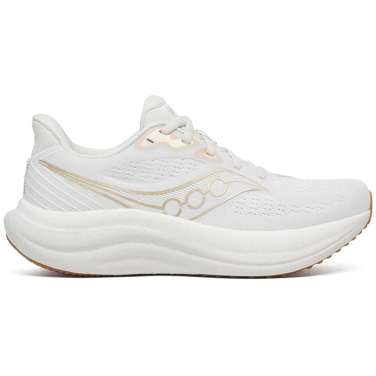 Side view on white background of Womens Saucony Triumph 23 running shoe in White/Arctic, Medium (Regular) width