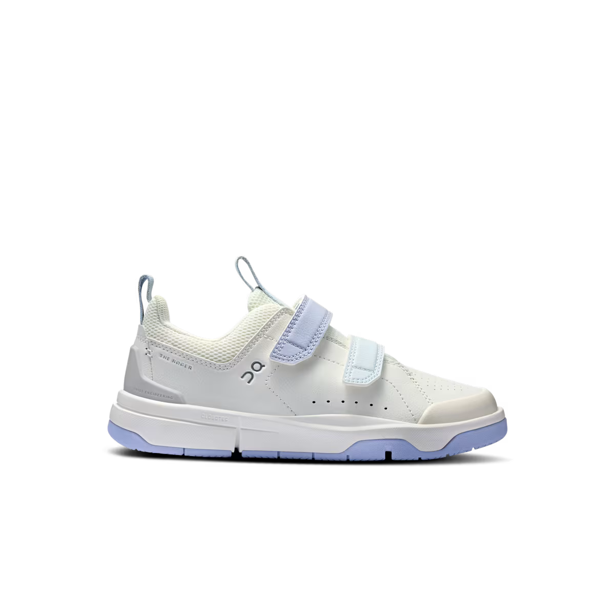 Side view on white background of Kids On The Roger running shoe in Ivory/Nimbus, Medium (Regular) width