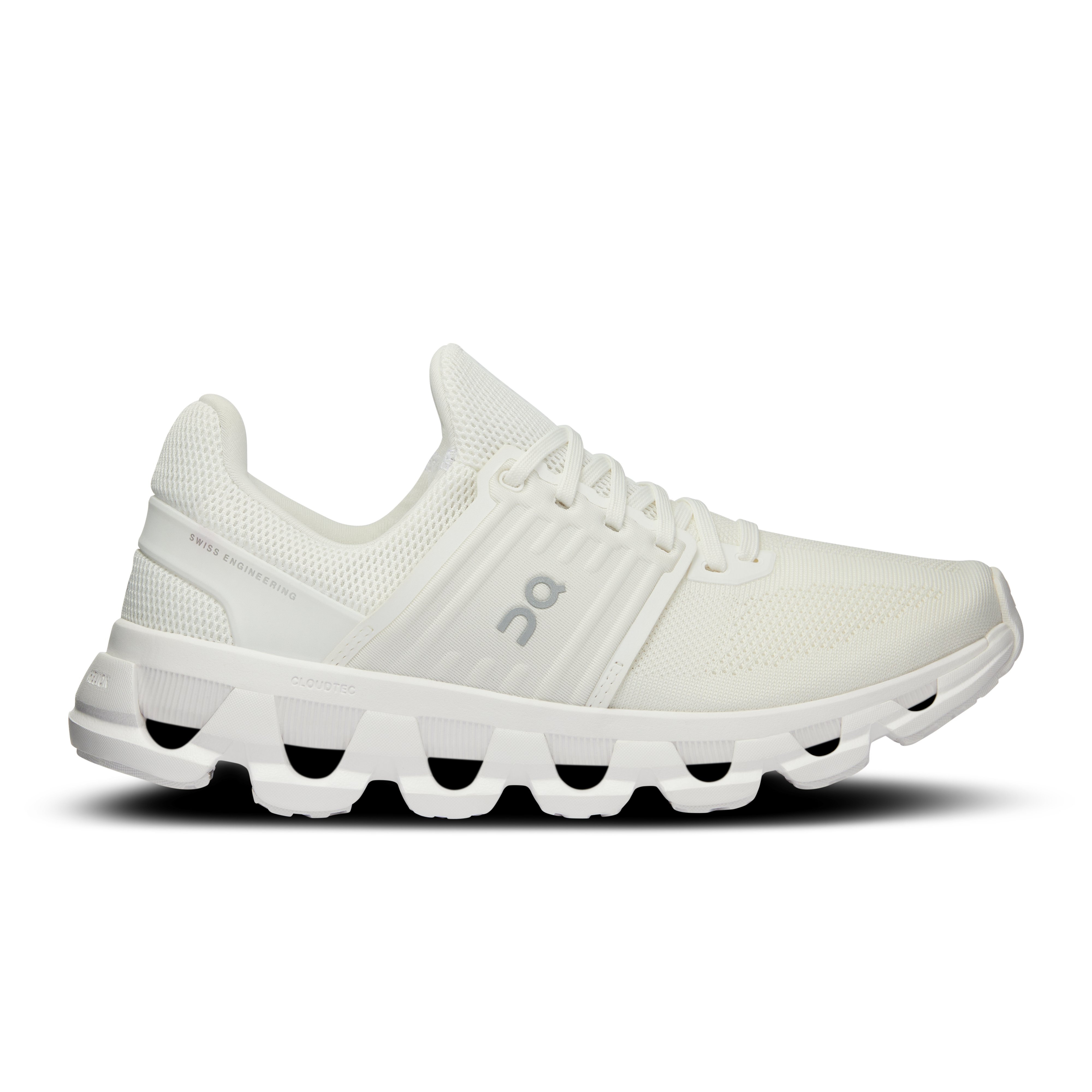 Side view on white background of Womens On Cloudswift 3 AD running shoe in All White, Medium (Regular) width
