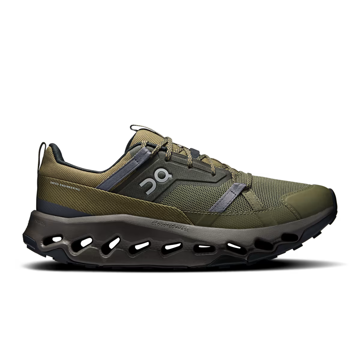 Side view on white background of Mens On Cloudhorizon running shoe in Olive/Thorn, Medium (Regular) width