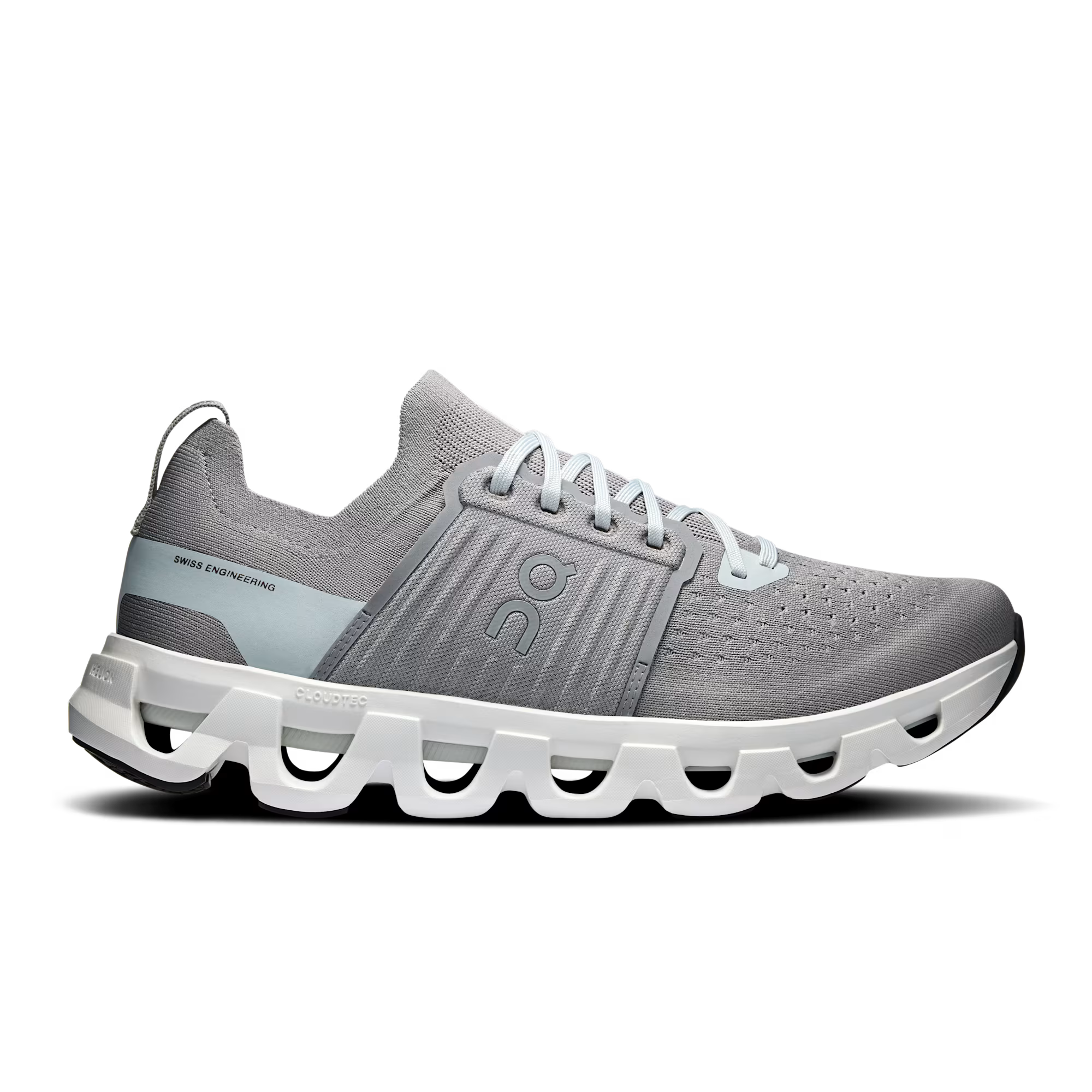 Side view on white background of Mens On Cloudswift 4 running shoe in Alloy/Glacier, Medium (Regular) width