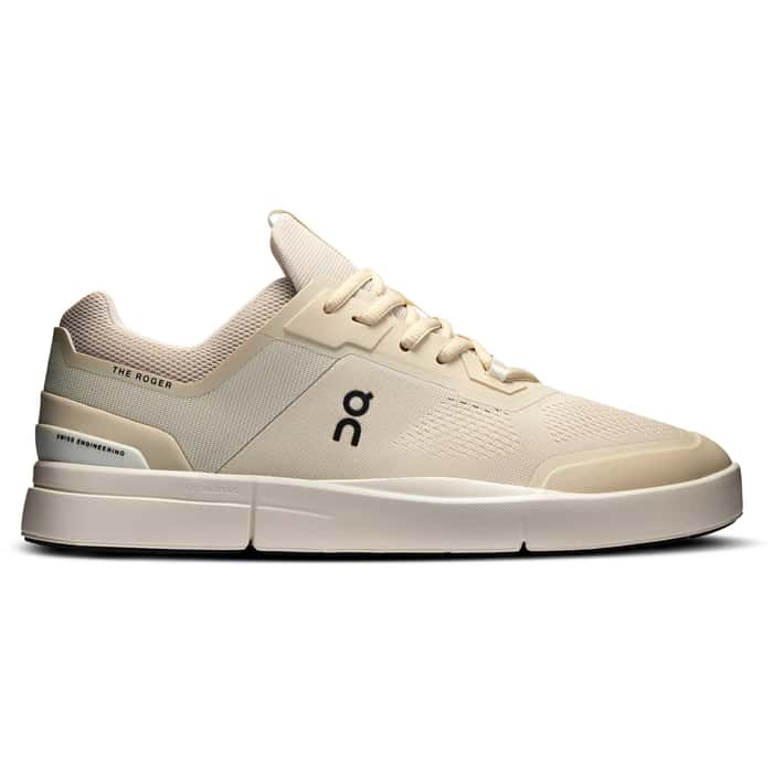 Side view on white background of Womens On The Roger Spin 2 running shoe in Sand/Ivory, Medium (Regular) width