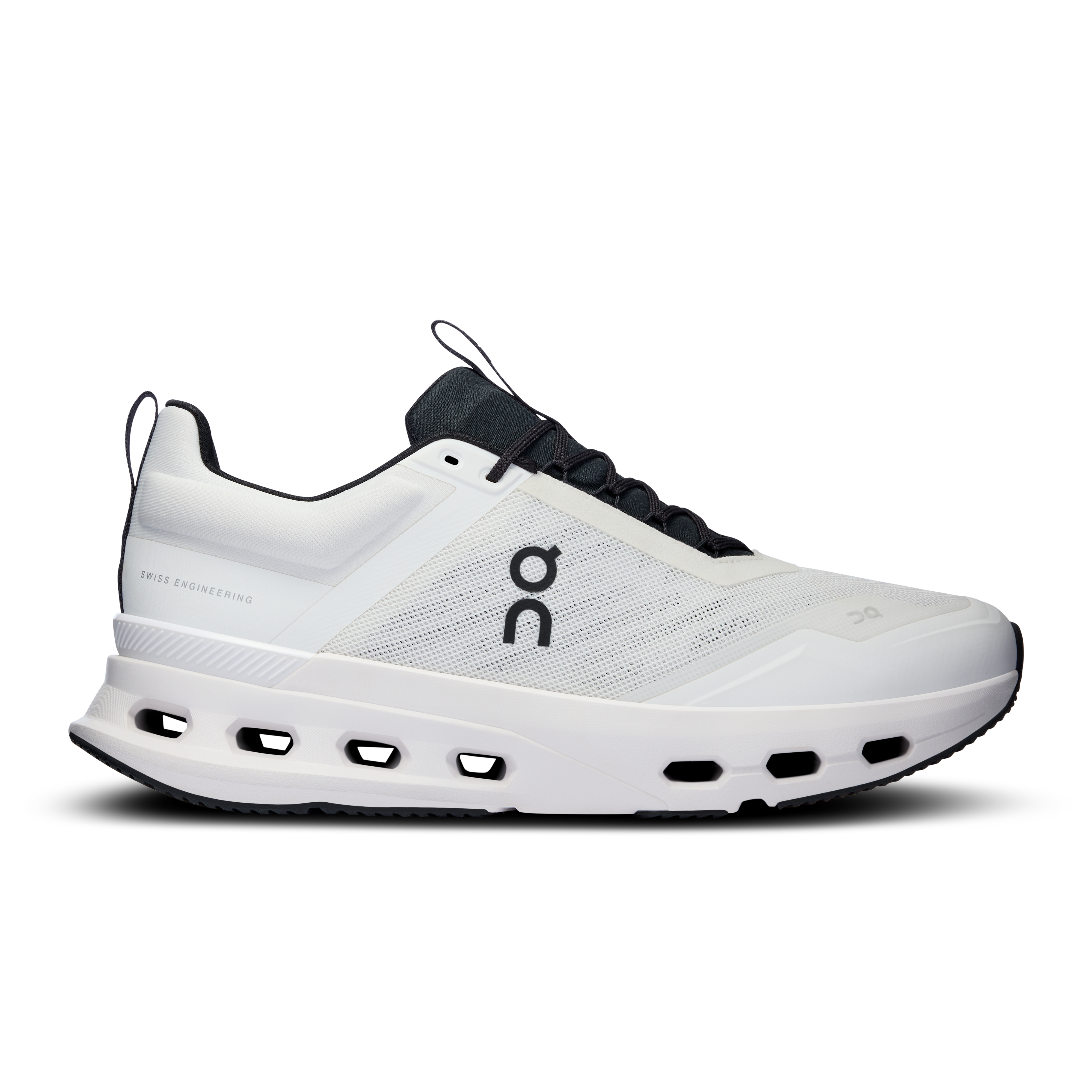 Side view on white background of Mens On Cloudnova X running shoe in White/Black, Medium (Regular) width
