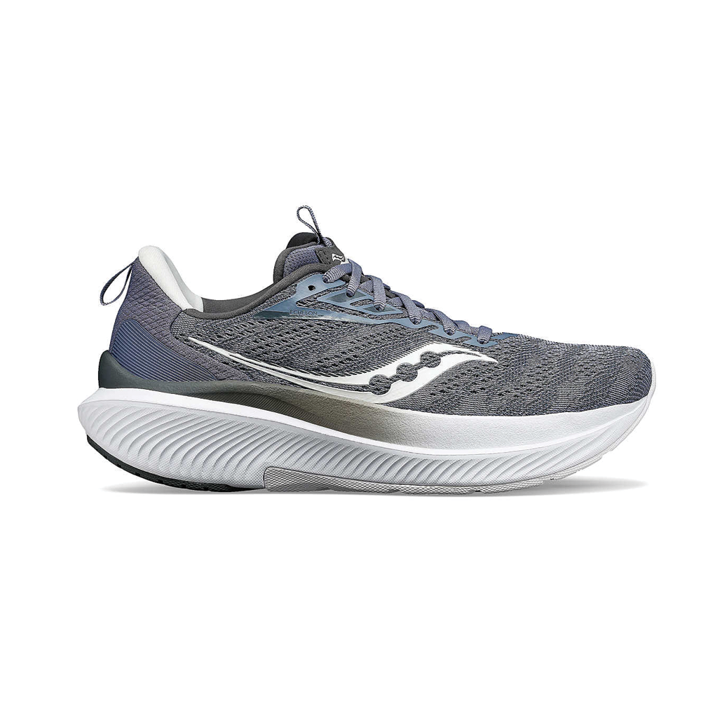 Side view on white background of Womens Saucony Echelon 9 running shoe in Iris/Carbon, Medium (Regular) width