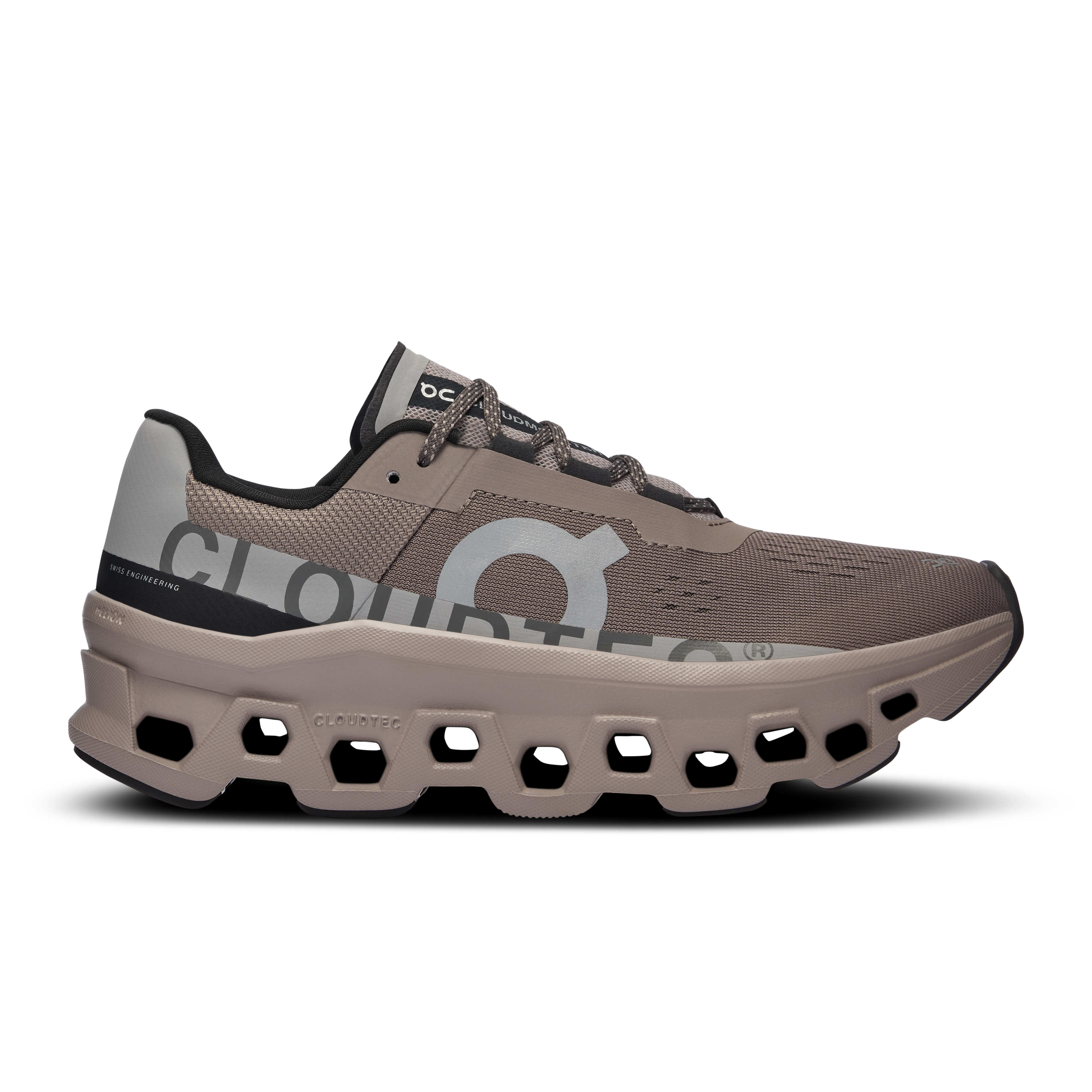 Side view on white background of Womens On Cloudmonster running shoe in Cinder/Fog, Medium (Regular) width