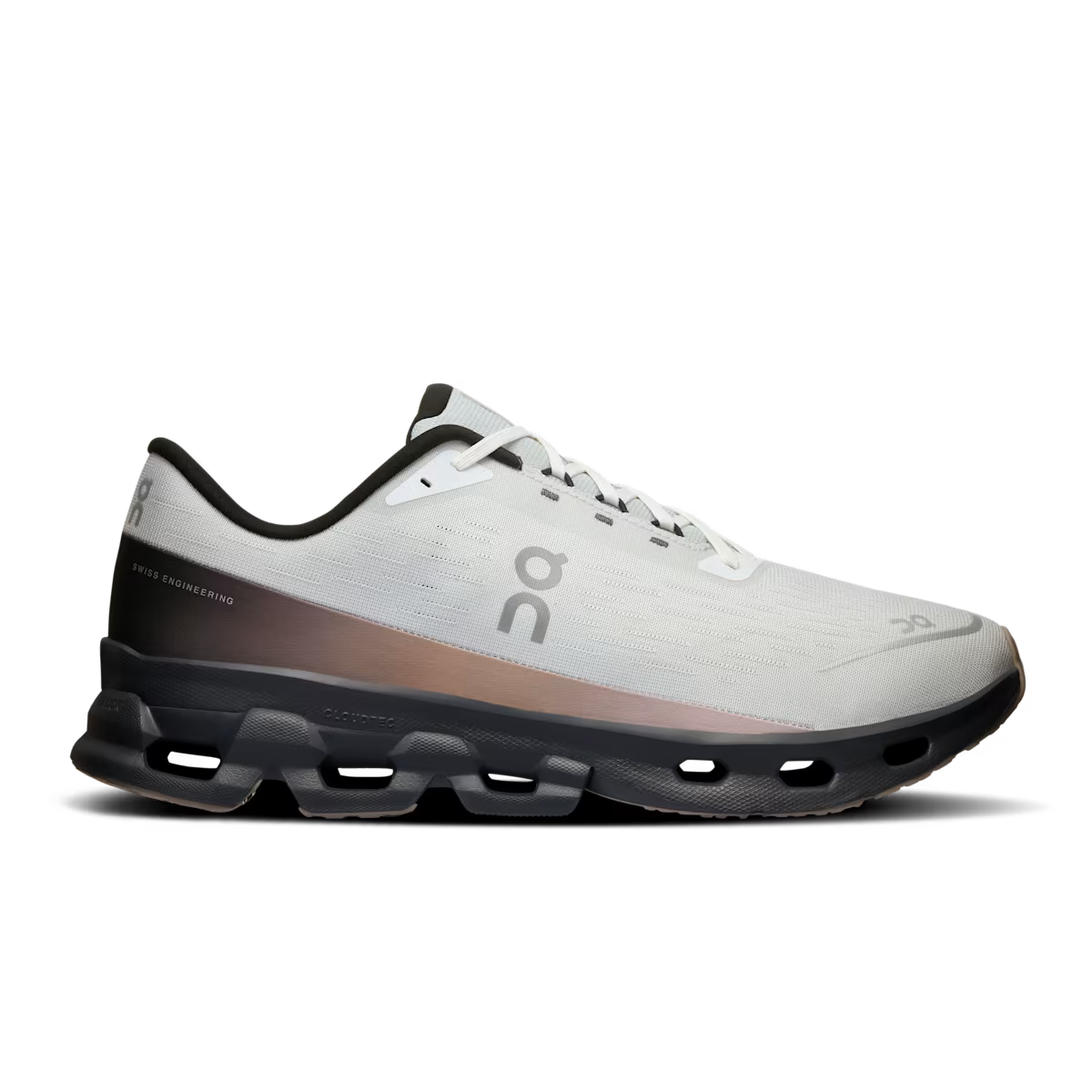 Side view on white background of Mens On Cloudspark running shoe in Glacier/Fog, Medium (Regular) width