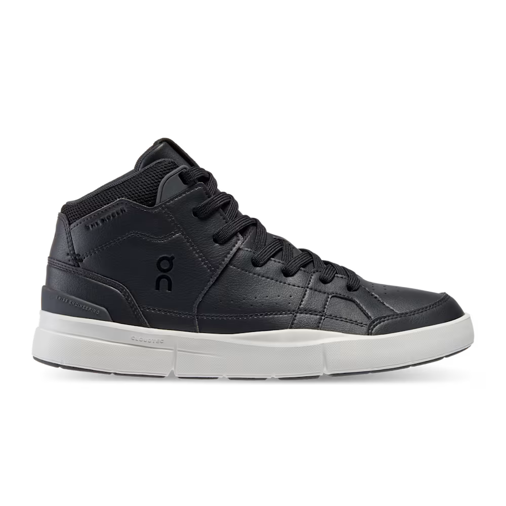Side view on white background of Womens On The Roger Clubhouse Mid running shoe in Black/Eclipse, Medium (Regular) width