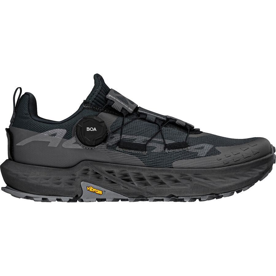 Side view on white background of Mens Altra Timp 5 BOA running shoe in Black/Black, Medium (Regular) width