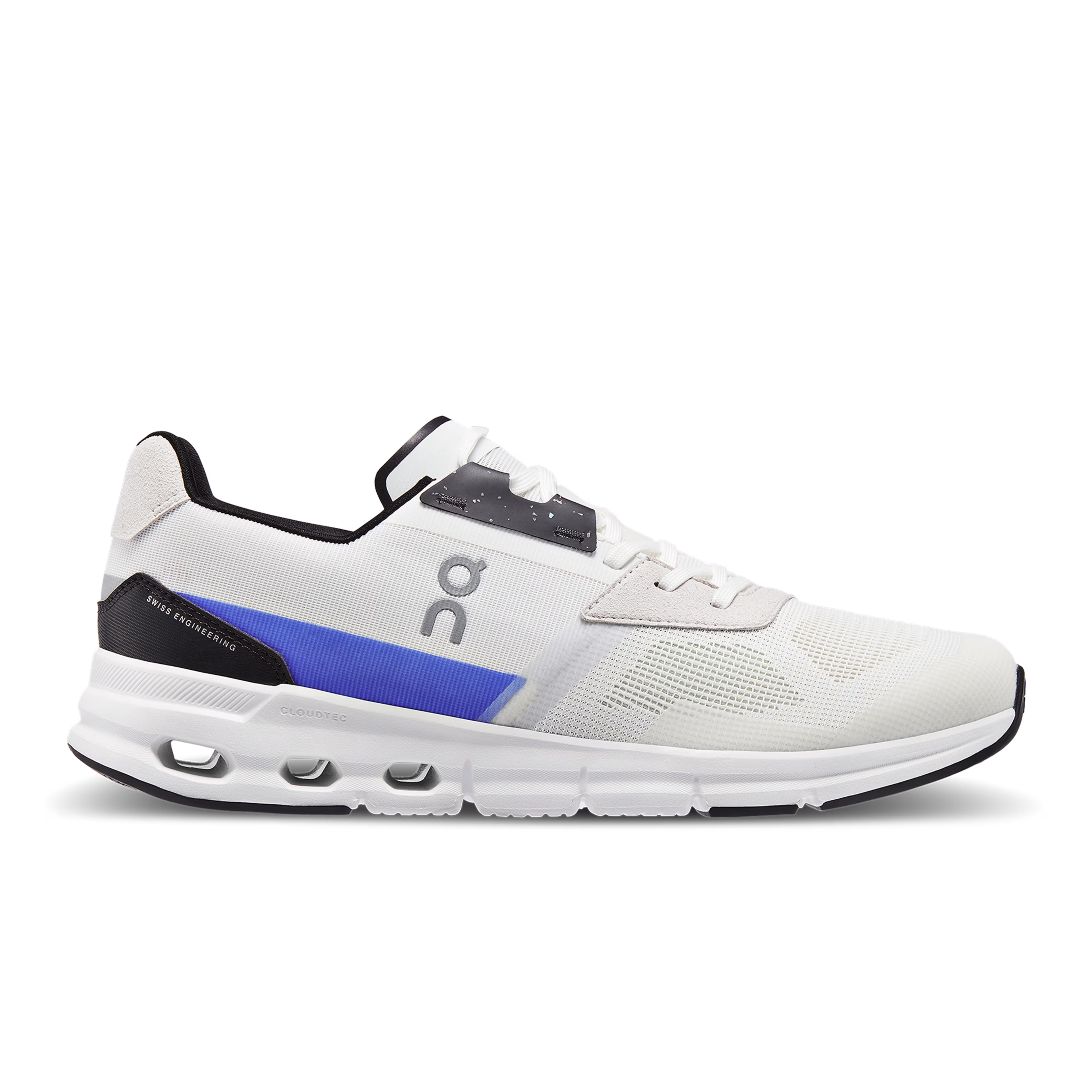 Side view on white background of Mens On Cloudrift running shoe in Undyed-White/Cobalt, Medium (Regular) width