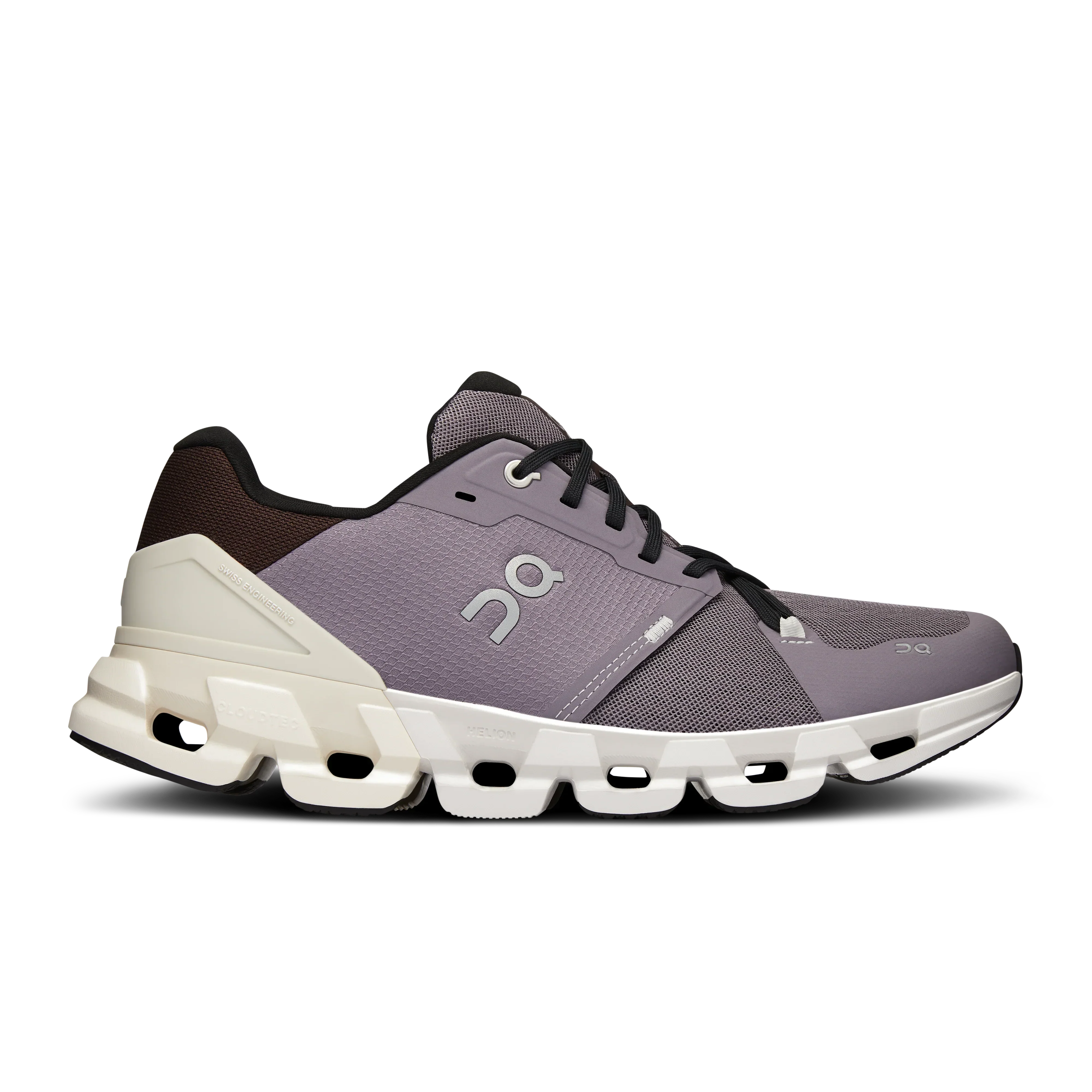 Side view on white background of Mens On Cloudflyer 4 running shoe in Shark/Pearl, Medium (Regular) width