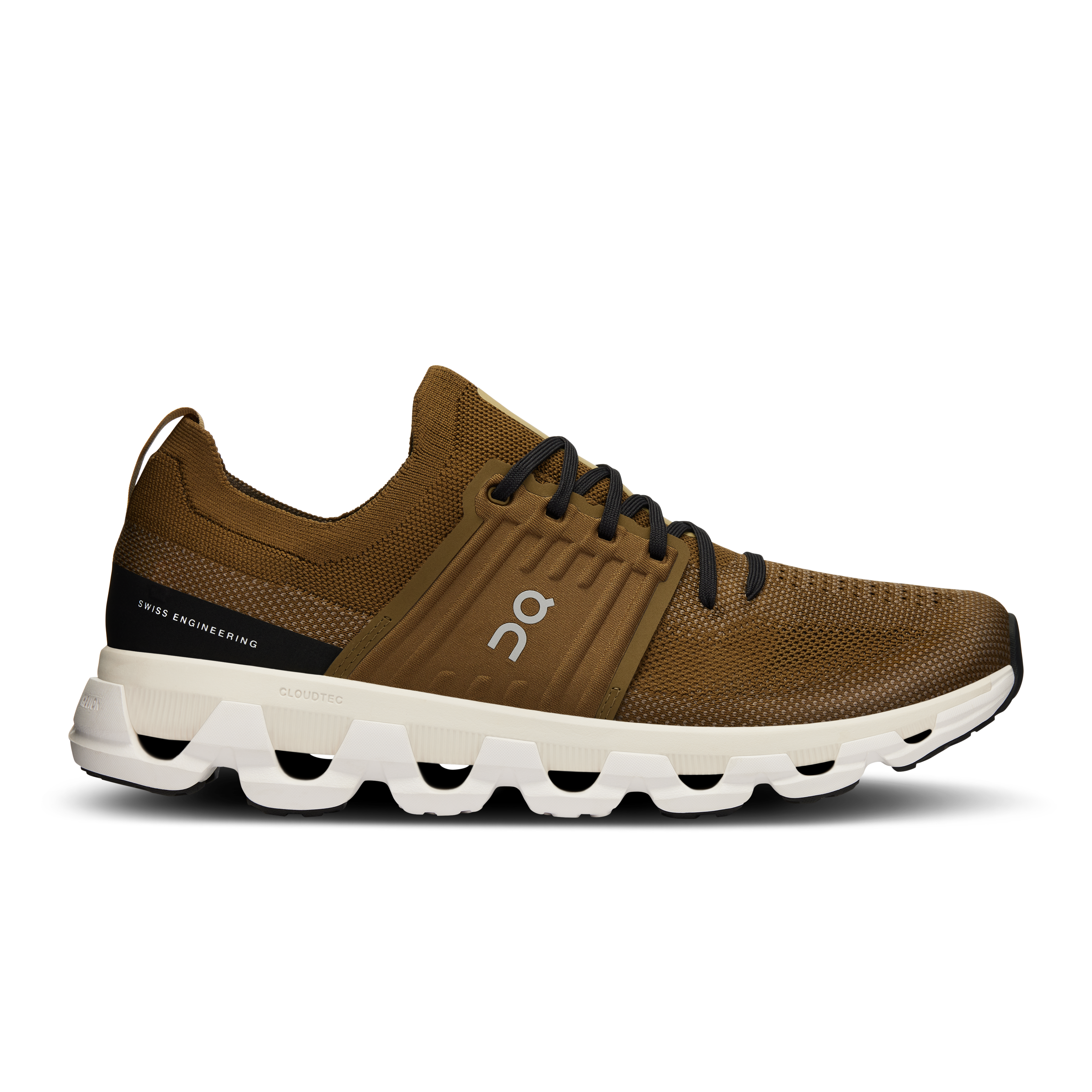 Side view on white background of Mens On Cloudswift 3 running shoe in Hunter/Safari, Medium (Regular) width