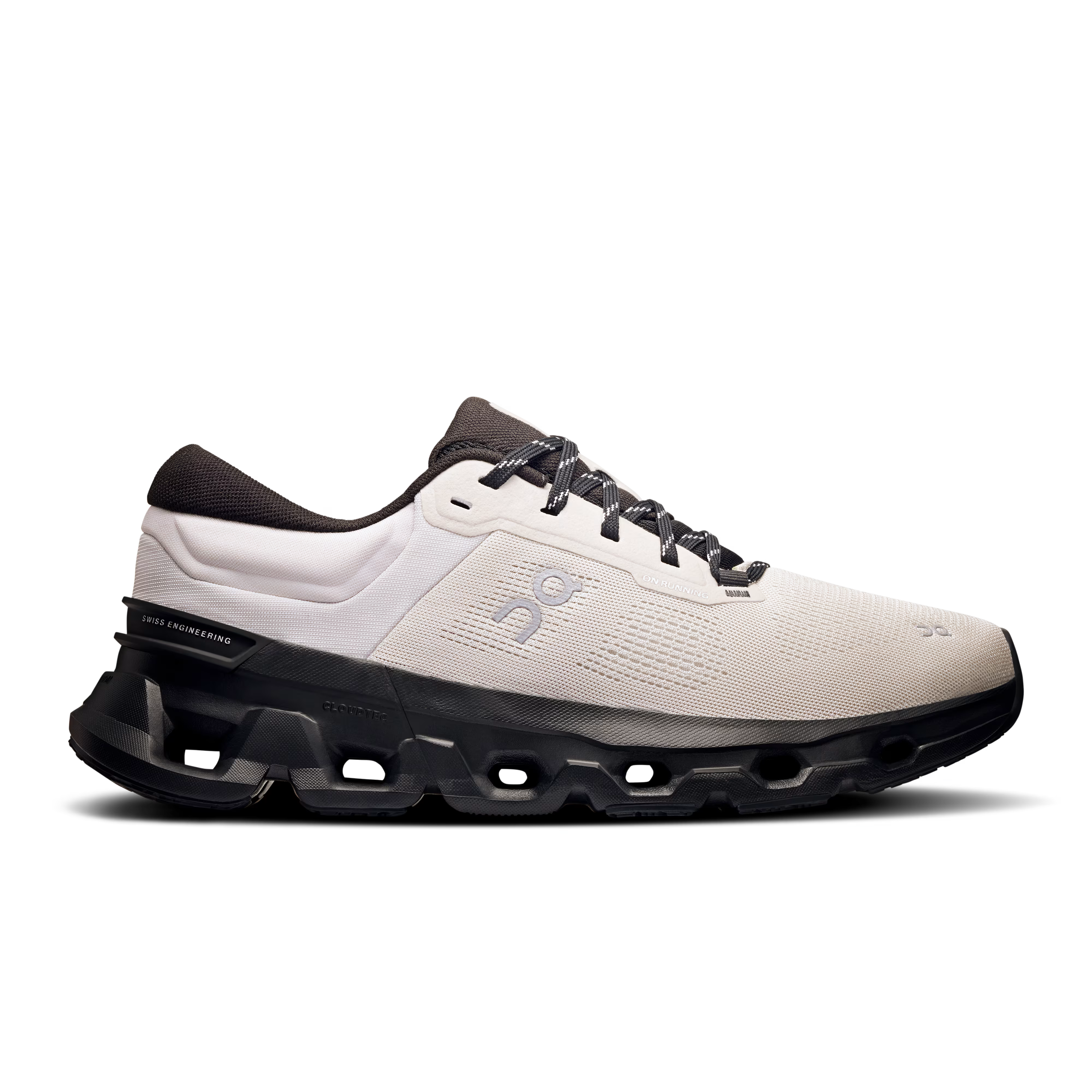 Side view on white background of Mens On Cloudflyer 5 running shoe in Wolf/Black, Medium (Regular) width