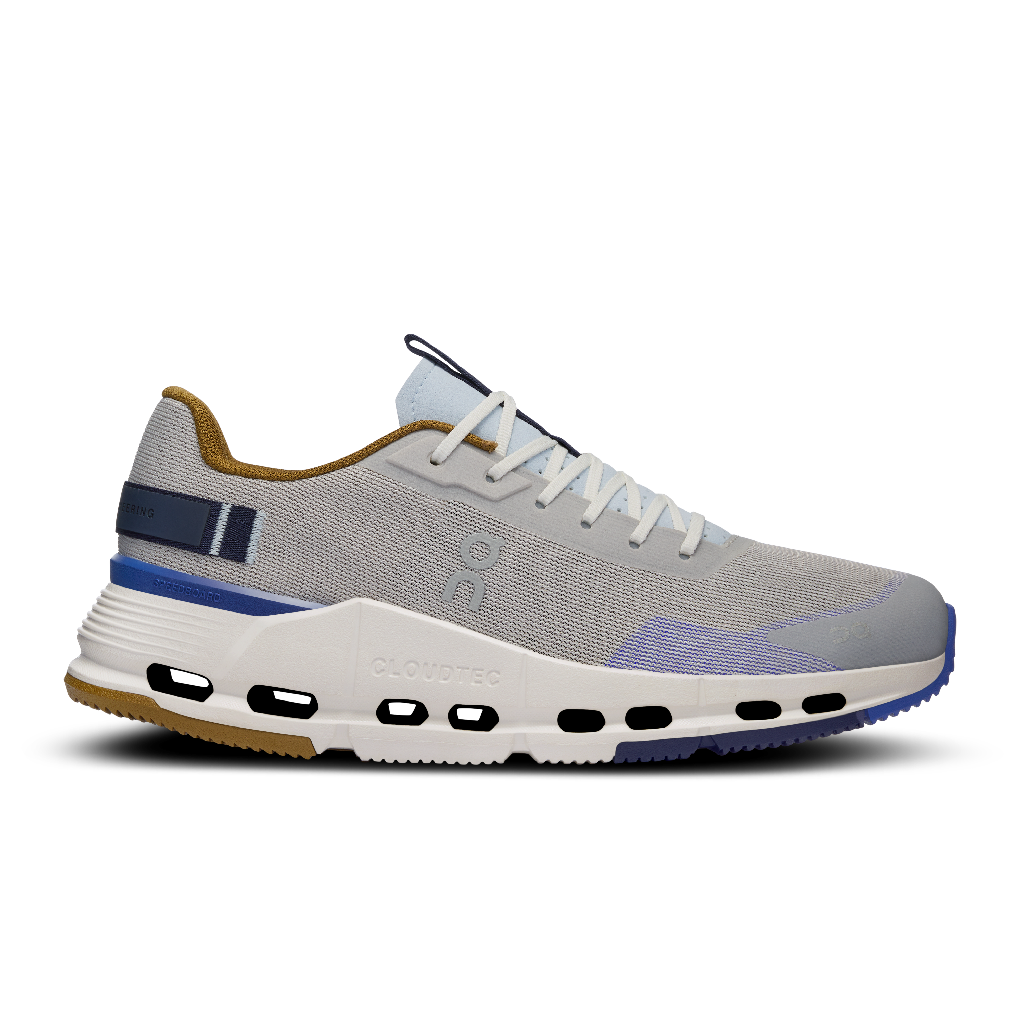 Side view on white background of Womens On Cloudnova Form 2 running shoe in Silver/Heather, Medium (Regular) width