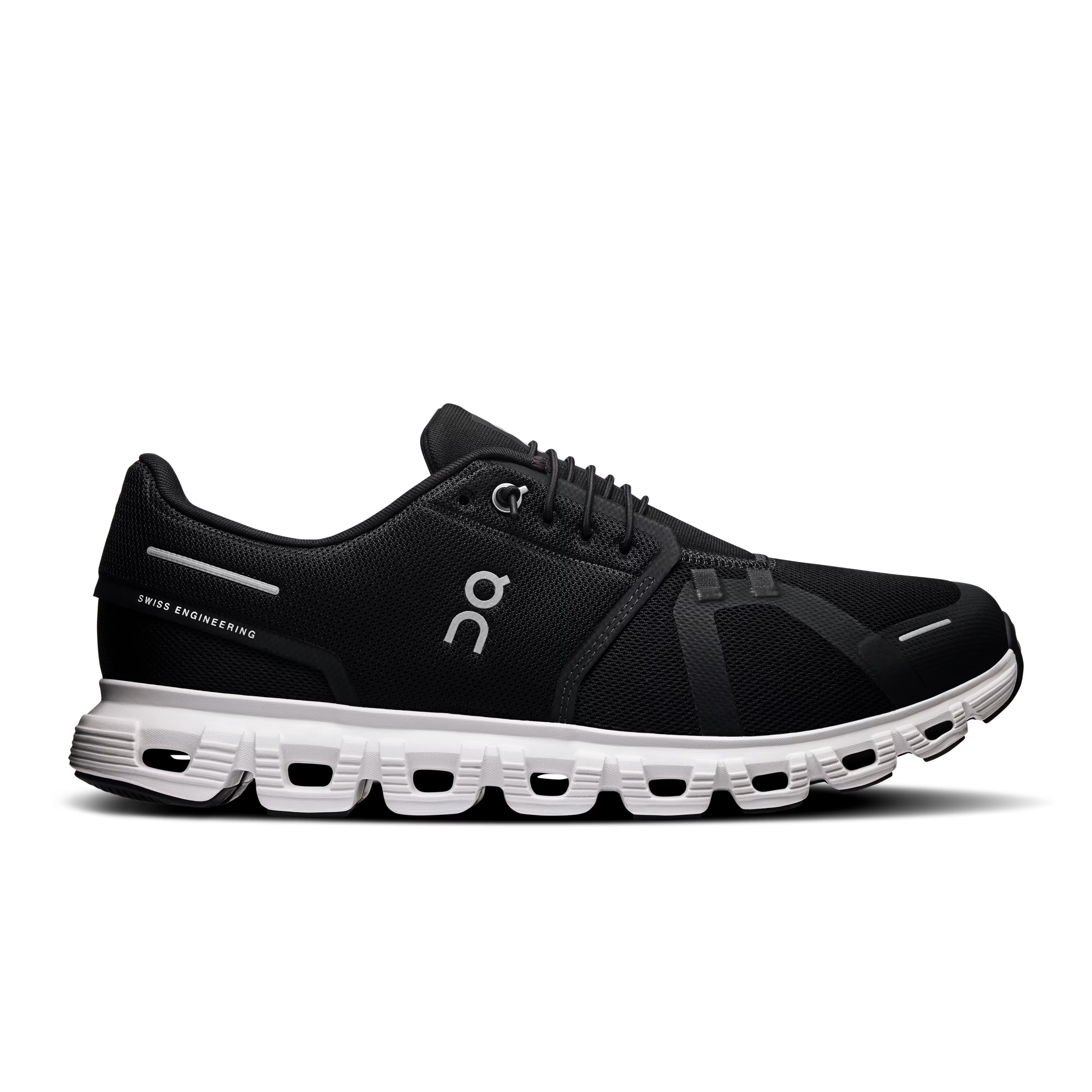 Side view on white background of Mens On Cloud 6 running shoe in Black/White, Medium (Regular) width