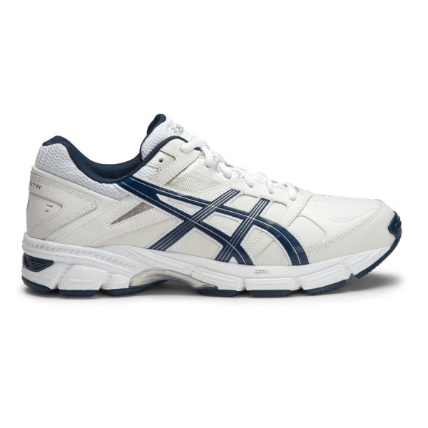 Side view on white background of Mens Asics Gel-190TR running shoe in White/Navy/Silver, Medium (Regular) width