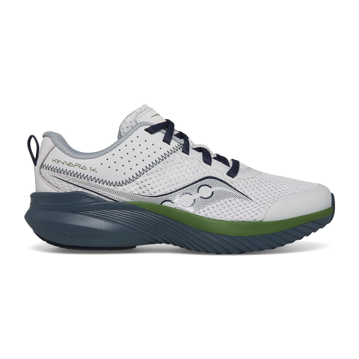 Side view on white background of Kids Saucony Kinvara 14 running shoe in Grey/Blue/Green, Medium (Regular) width