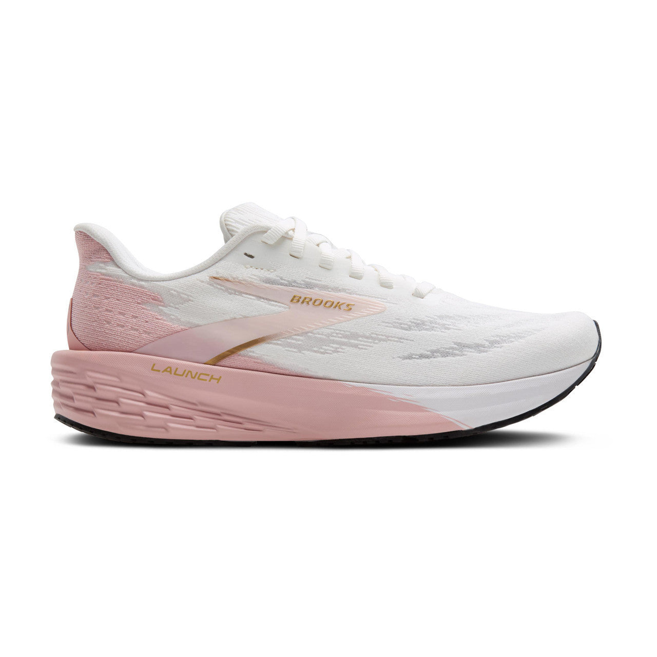 Side view on white background of Womens Brooks Launch 11 running shoe in Sherbert/Coconut/Pink, Medium (Regular) width