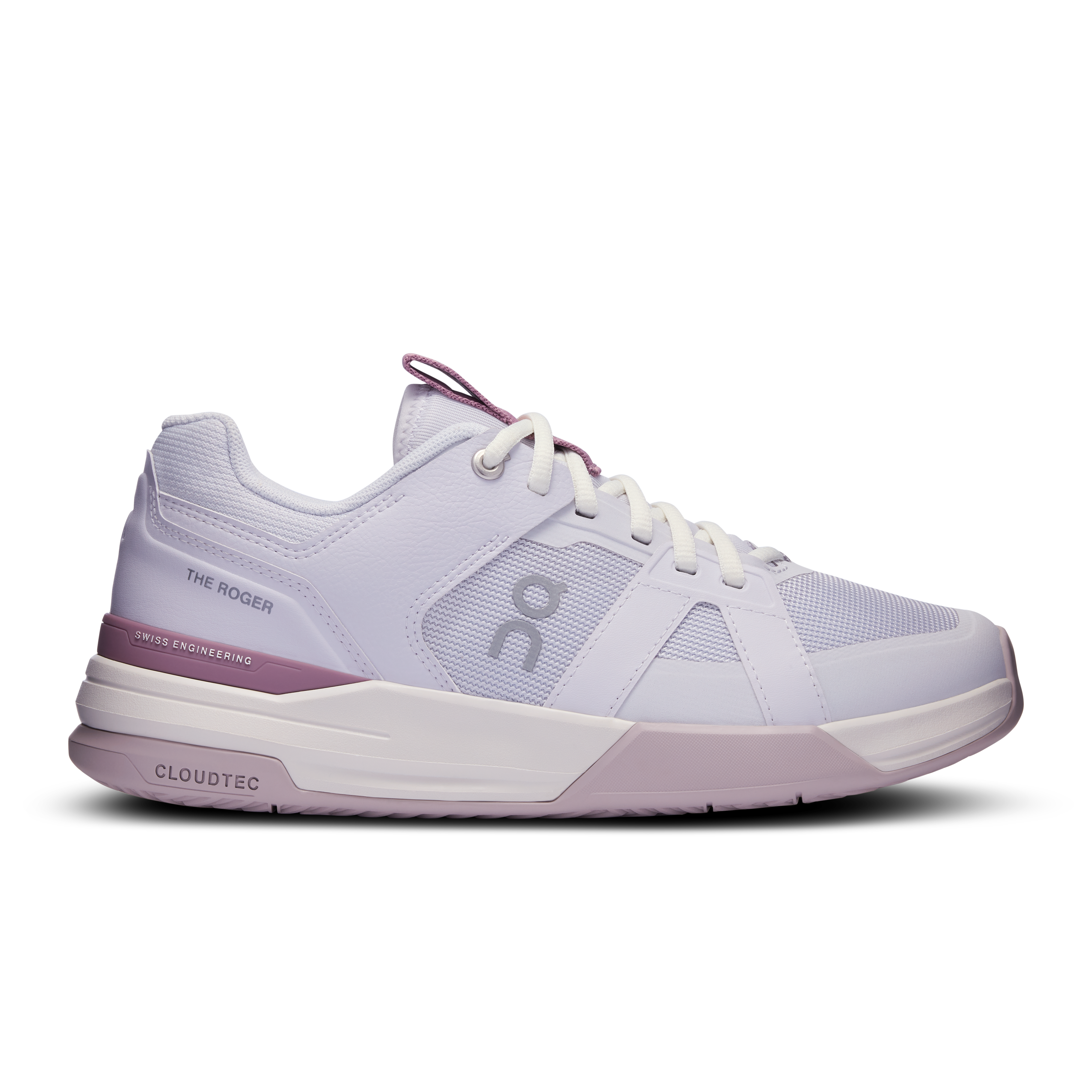 Side view on white background of Womens On The Roger Clubhouse Pro running shoe in Lavender/Fade, Medium (Regular) width
