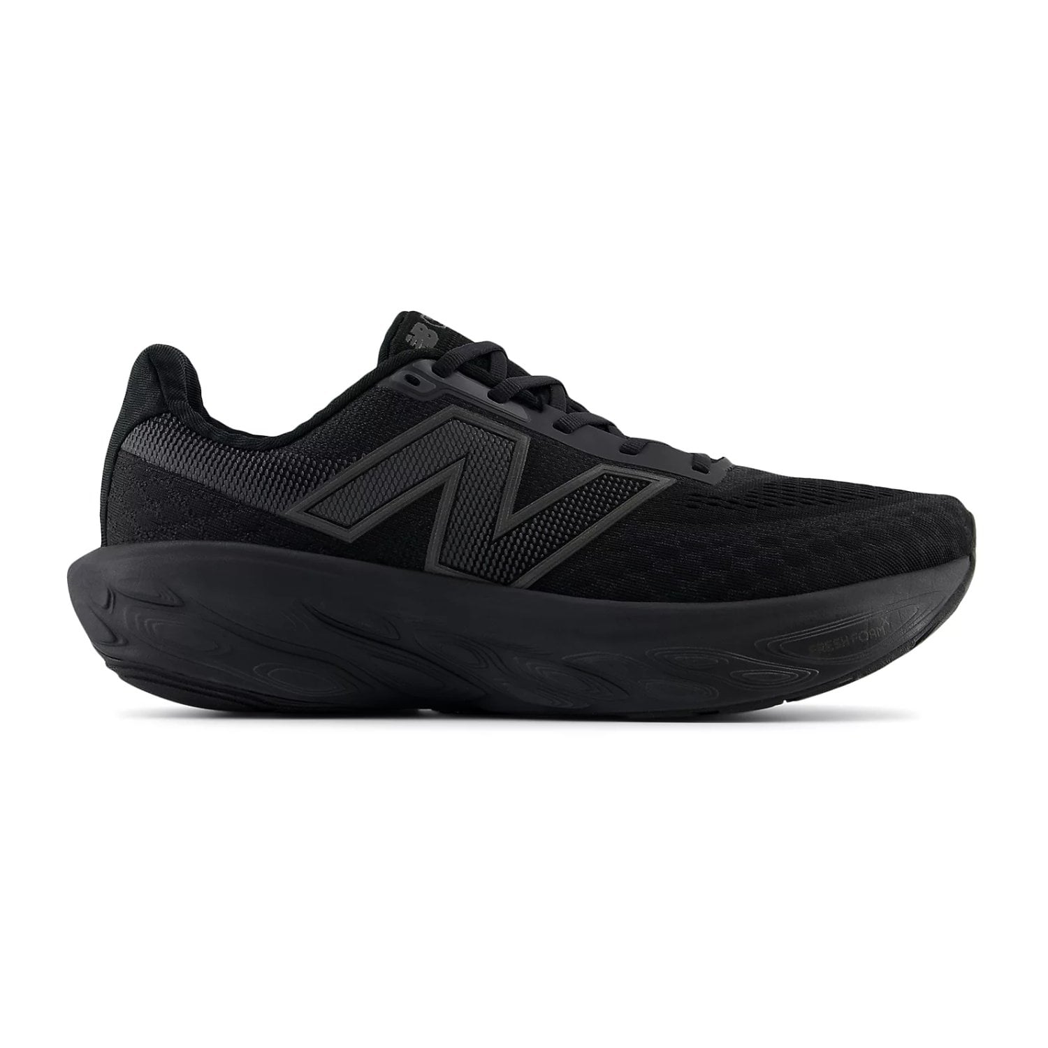 Side view on white background of Mens New Balance Fresh Foam X 1080v14 running shoe in Black/Black Metallic/Phantom , Medium (Regular) width