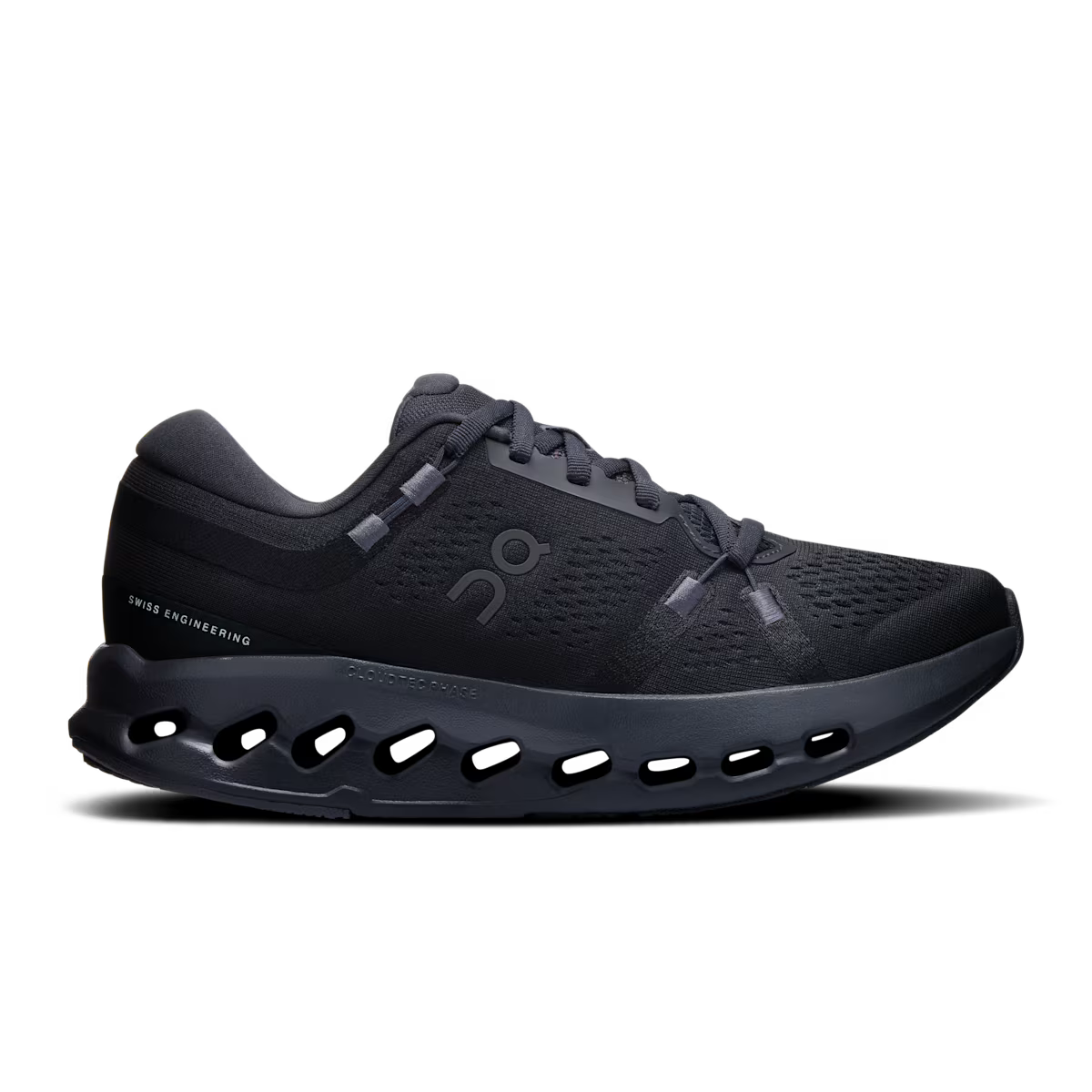 Side view on white background of Womens On Cloudsurfer 2 running shoe in Black/Black, Medium (Regular) width