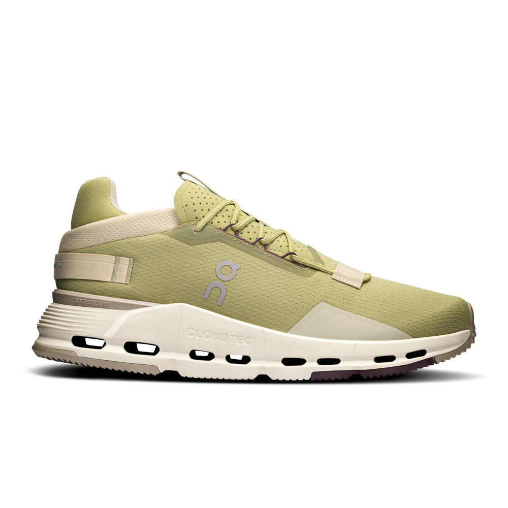 Side view on white background of Mens On Cloudnova 2 running shoe in Caper/Desert, Medium (Regular) width