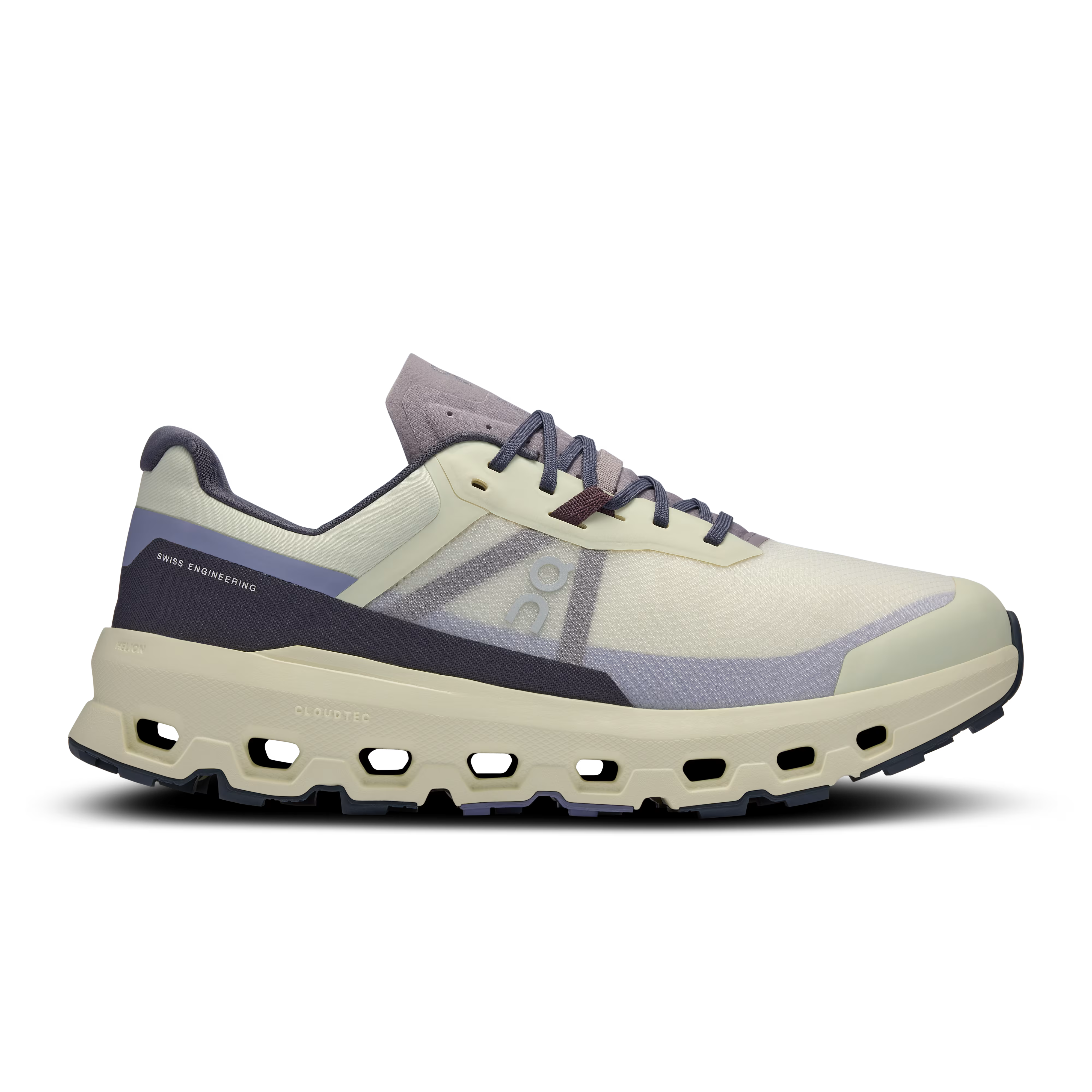 Side view on white background of Mens On Cloudvista 2 running shoe in Seedling/Mulberry, Medium (Regular) width