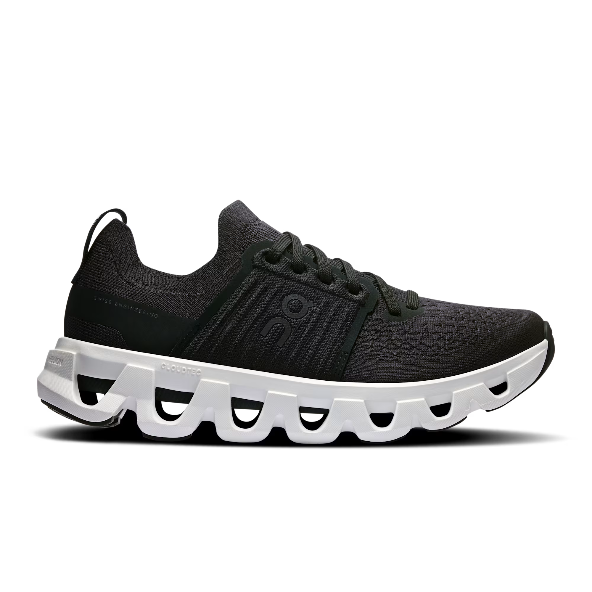 Side view on white background of Womens On Cloudswift 4 running shoe in Black/White, Medium (Regular) width
